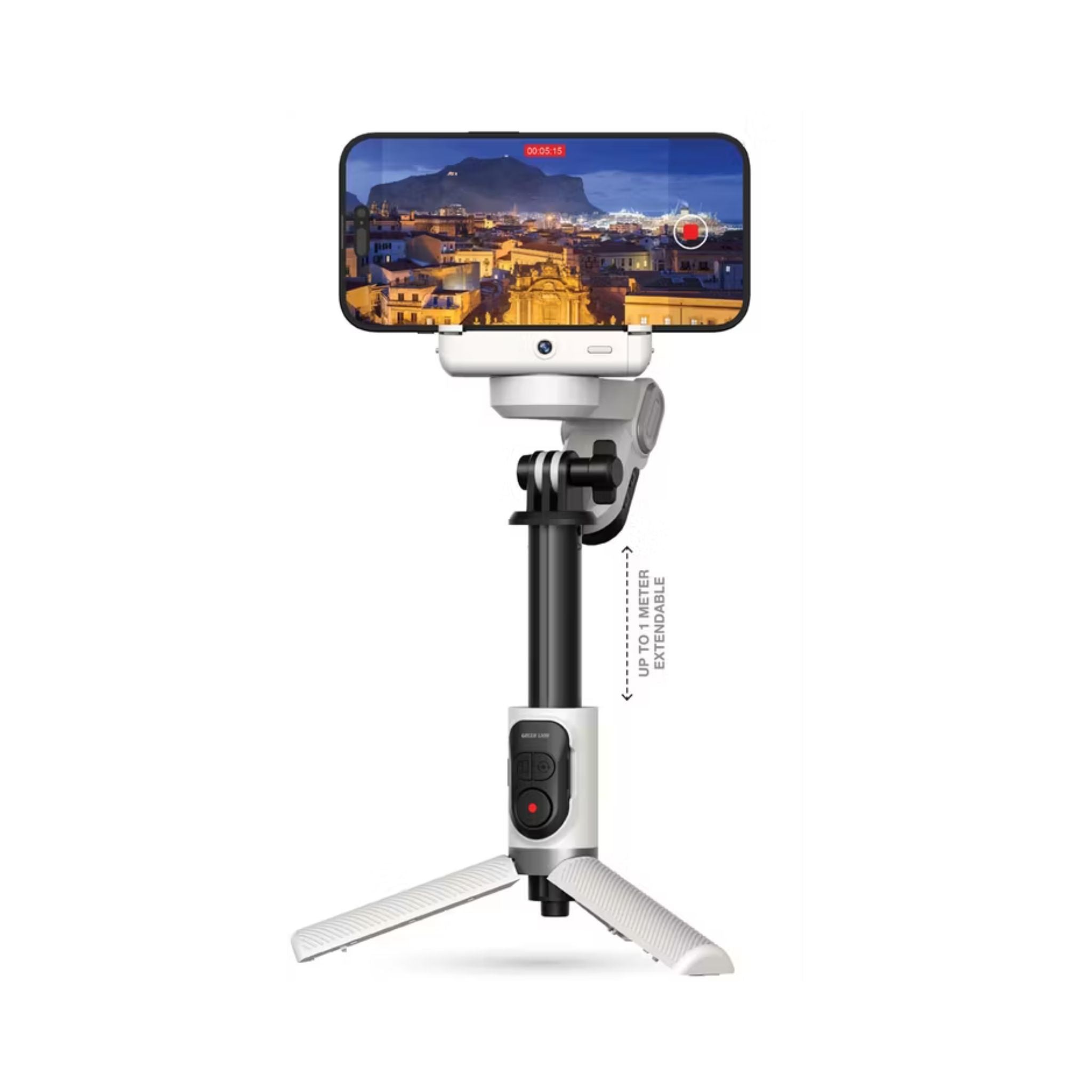 Phone holder with screen displaying a cityscape on a white background