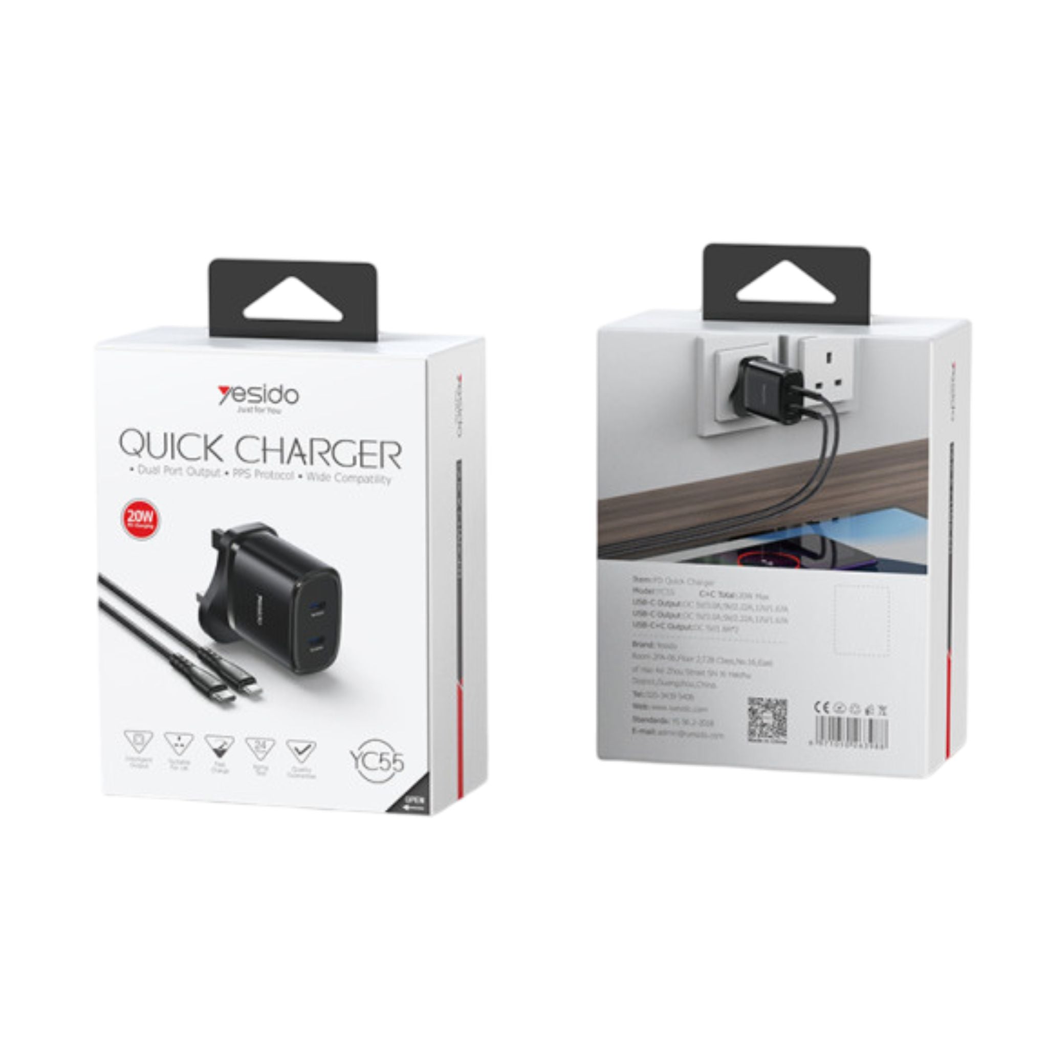 Yesido YC53 20W PD Fast Charging Home Charger | Type-C and Type-C and Lightning Port Charger Adapter