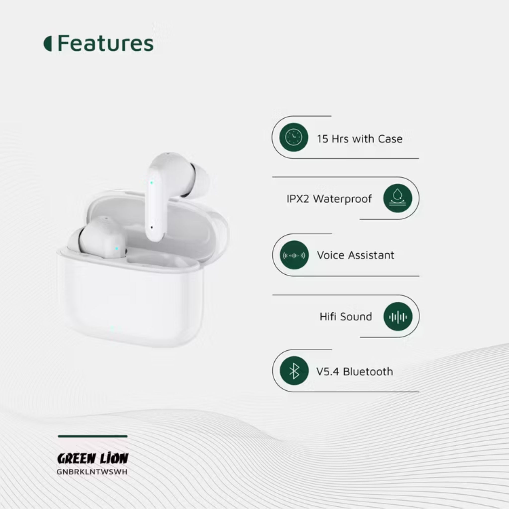 Green Lion Brooklyn True Wireless Earbuds with Voice Assistant, 4 Hours Playtime, Built-in Microphone, HiFi Sound, Touch Control, Dual-Mic - White