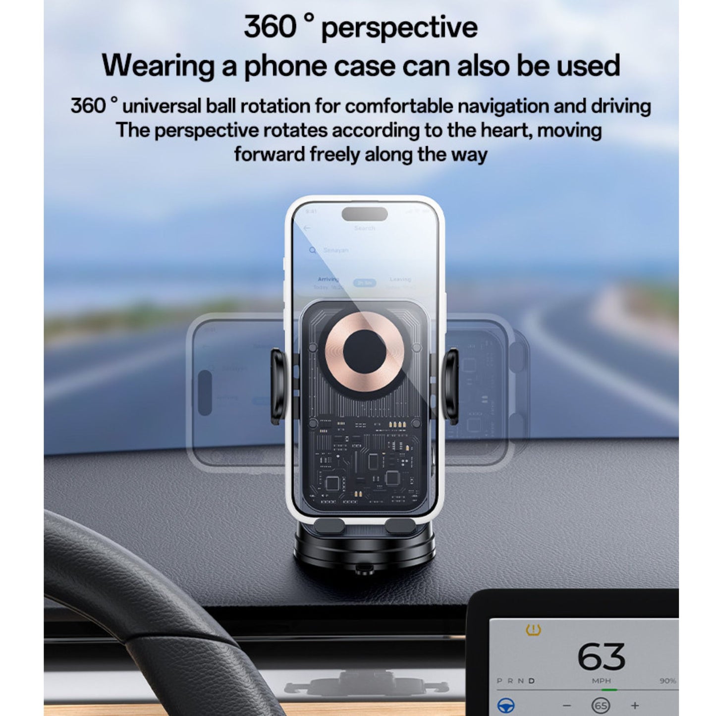 YESIDO C307 360 Rotation Electric Locking 15W Wireless Fast Charging Transparent Car Phone Holder