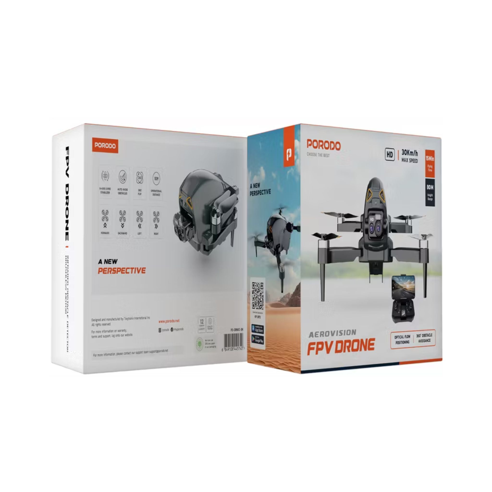 Porodo Aerovision FPV Drone, Lithium Battery, 100M Operational Distance, 360° Obstacle Avoidance, Optical Flow Positioning, 6 Axis Gyro Stabilizer, 15 Minutes Flying Time - Black