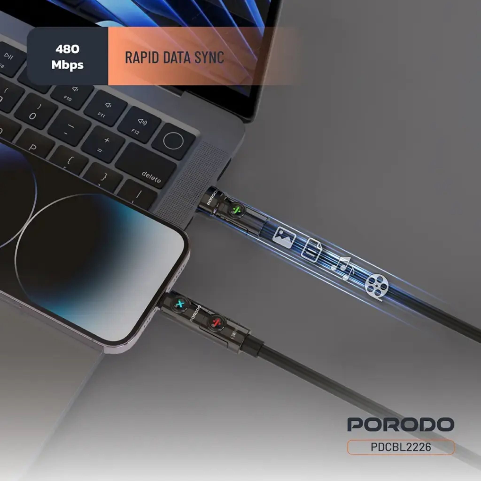 Porodo Powerglow 4-In-1 High-Speed Charging Cable PD 240W - Black