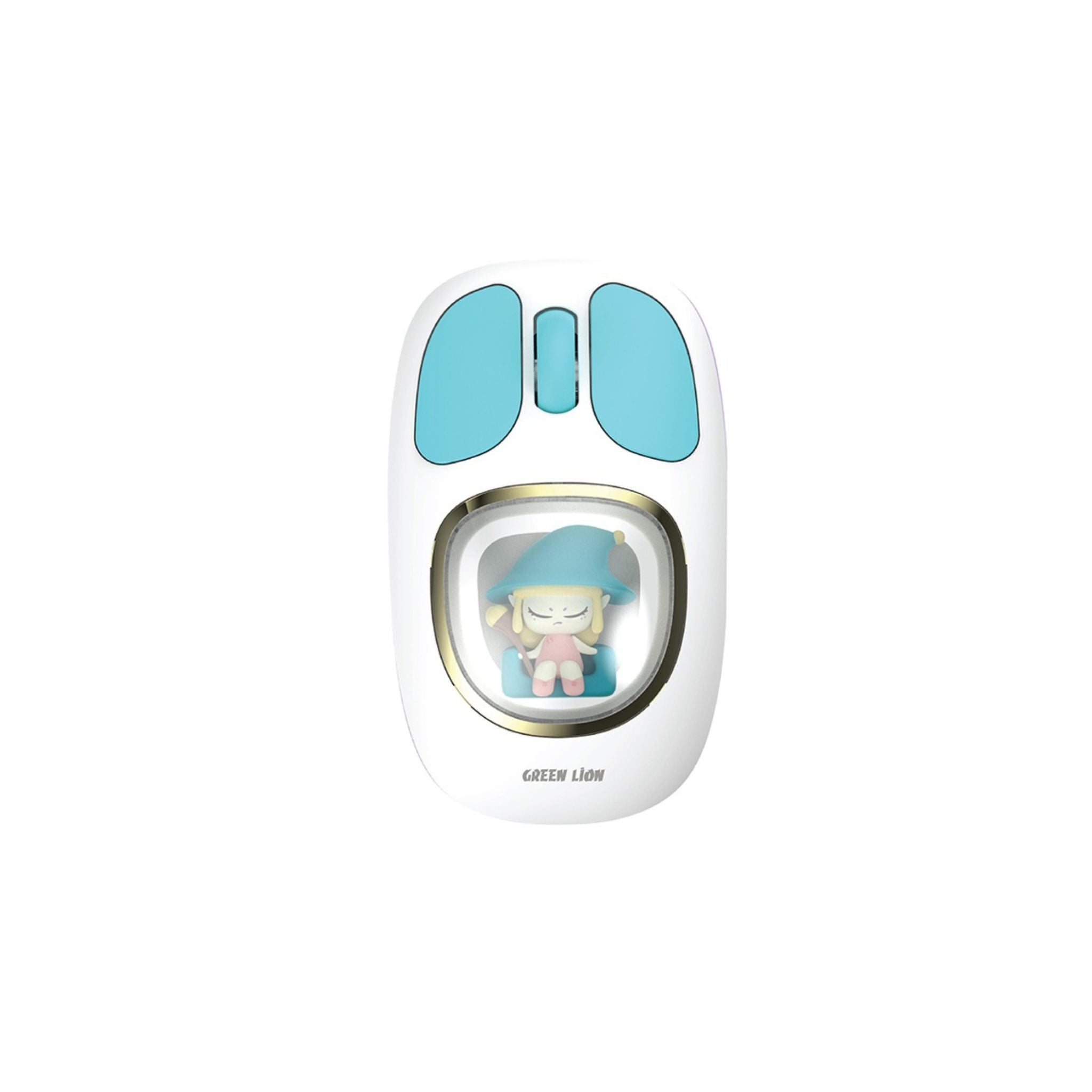 A white wireless mouse with a green and blue accent on the scroll wheel, featuring a cartoon character on the front.