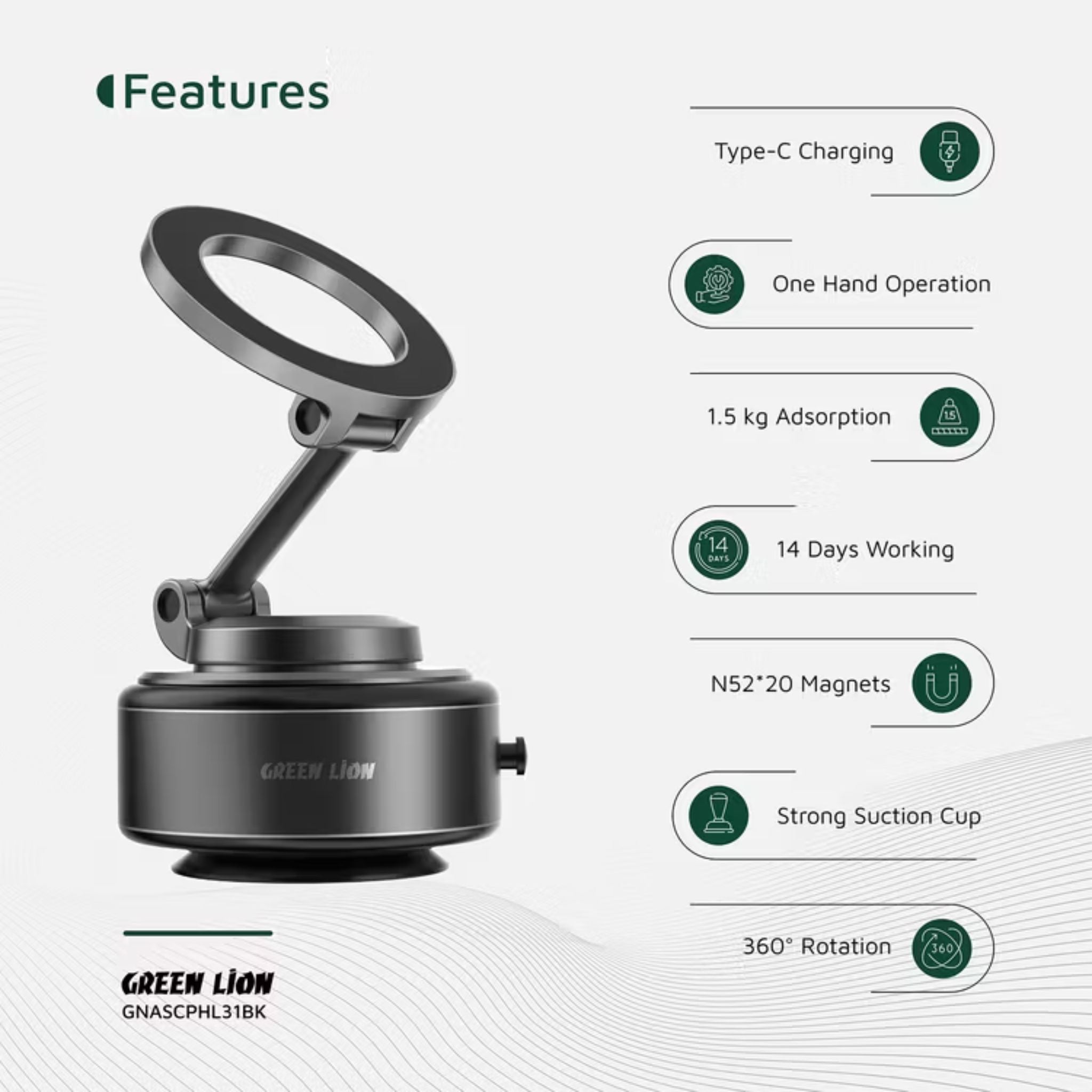 Green Lion GX-31 Auto Suction Phone Holder with 360° Rotation, Strong Suction Cup, 1.5kg Adsorption, One-Hand Operation, MagSafe Compatible, Type-C Charging, 14 Days Working Time - Matte Black