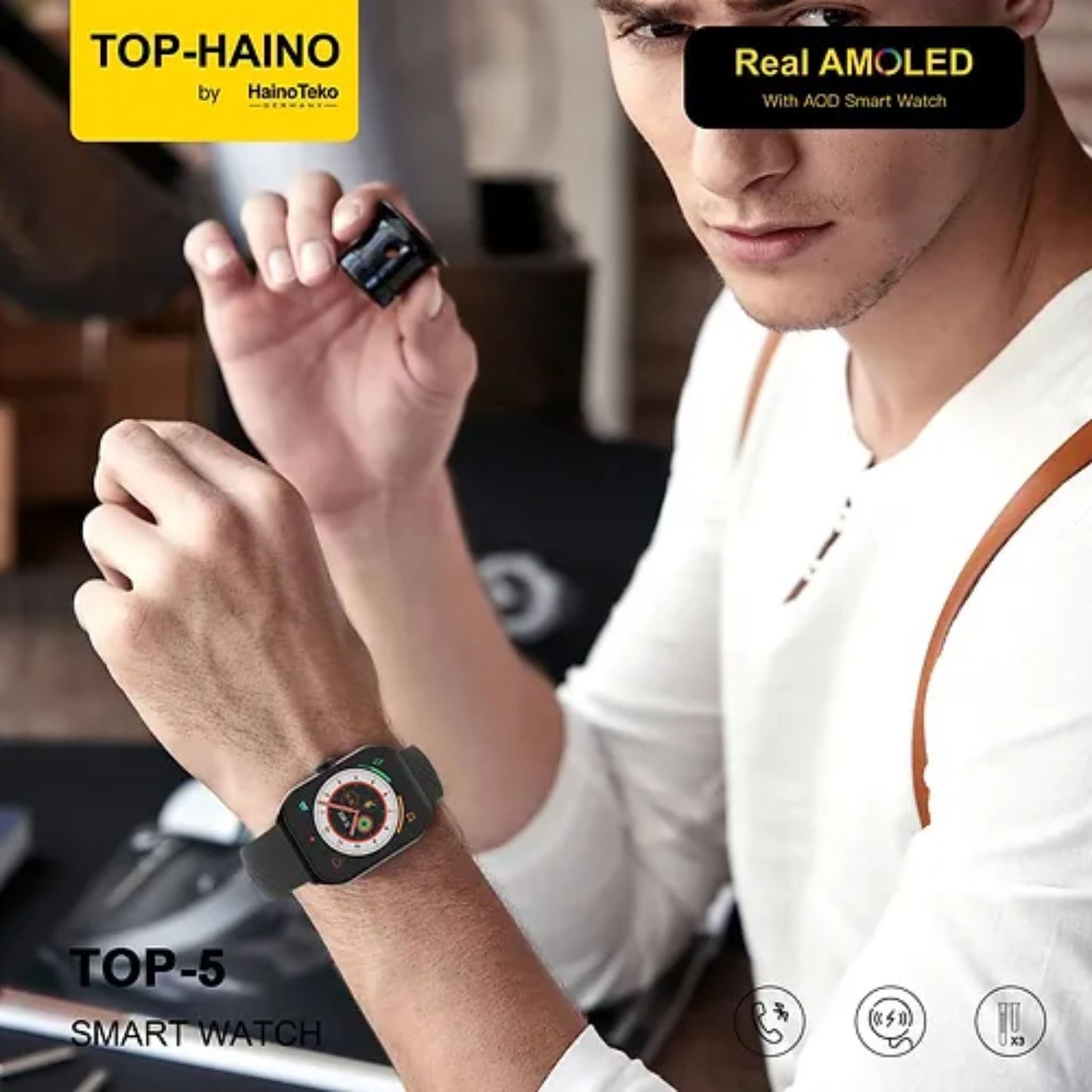 Premium Haino Teko Germany Top 5_Amolded Smartwatches_3 Pairs Strap_Black