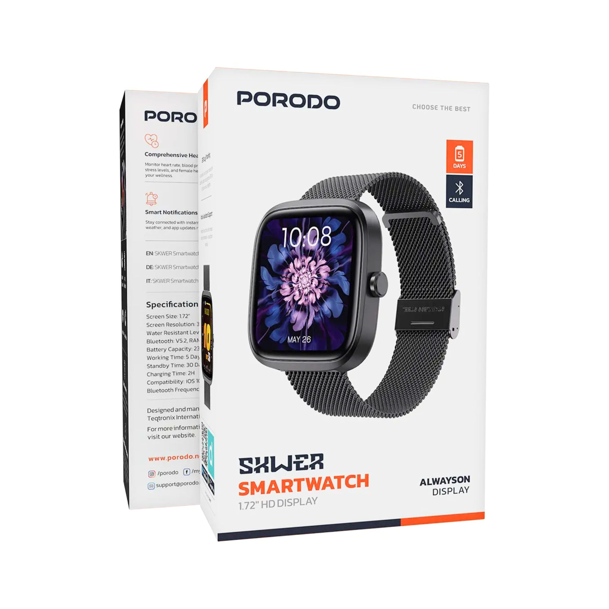 Porodo Smart Watch 1.72" with HD Display, 30 Days Battery Life, Voice Assistant Support, Heart Rate, Sleep & Stress Management, Compatibility with iOS 10+ & Android 10.0+ - Black