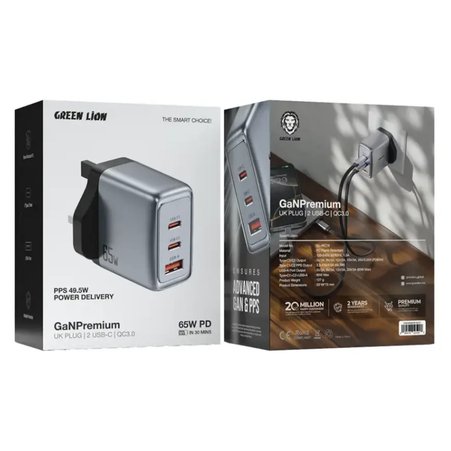 Green Lion GaNPremium UK Plug PD 65W - Gray