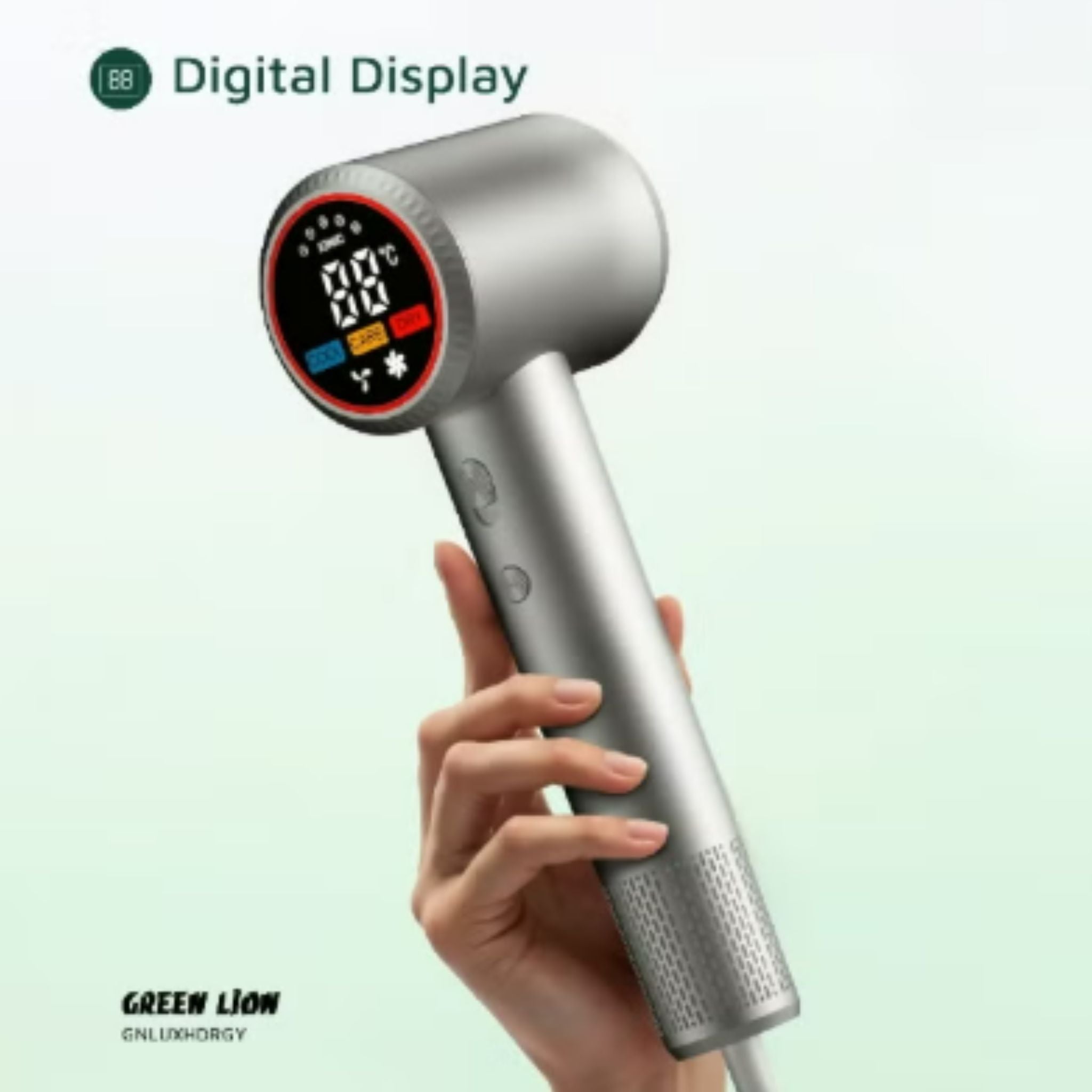 Green Lion LUXAIR Hair Dryer, 1600W BLDC Motor, Digital Display, Hot & Cold Air Alternating Mode, 3 Heat Settings, 2 Wind Speeds, Low Noise 68dB, Durable PC+ABS Body with Copper Heating Element, 1.8m UK Plug – Grey