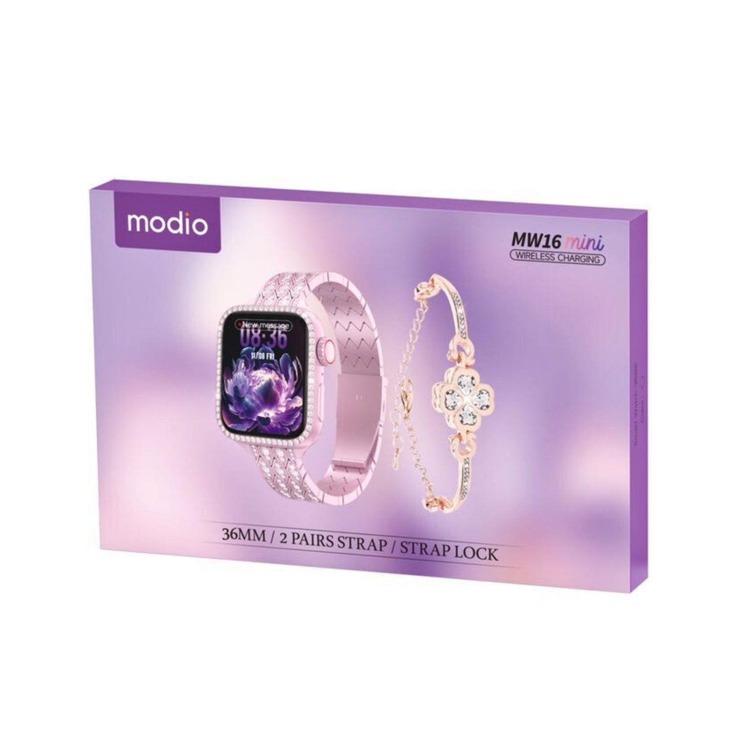 Modio MW16 Mini 36MM _Wireless Charging_2 Pair Strap Smartwatches_Pink