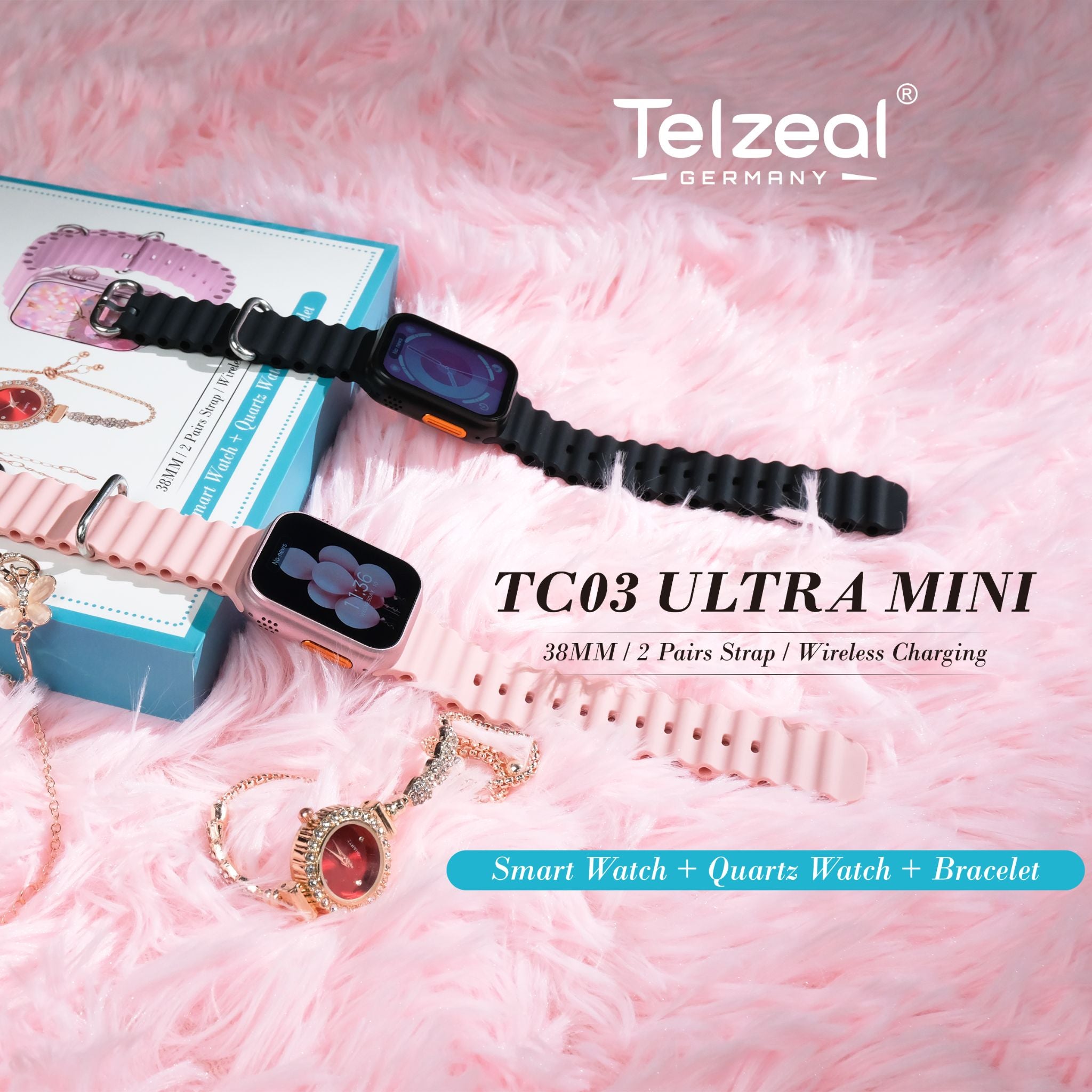 Telzeal TC03 Ultra Mini 38 mm HD Display Smart Watch With 2 Pair Straps and Analog Watch and Bracelet Combo For Ladies - Black