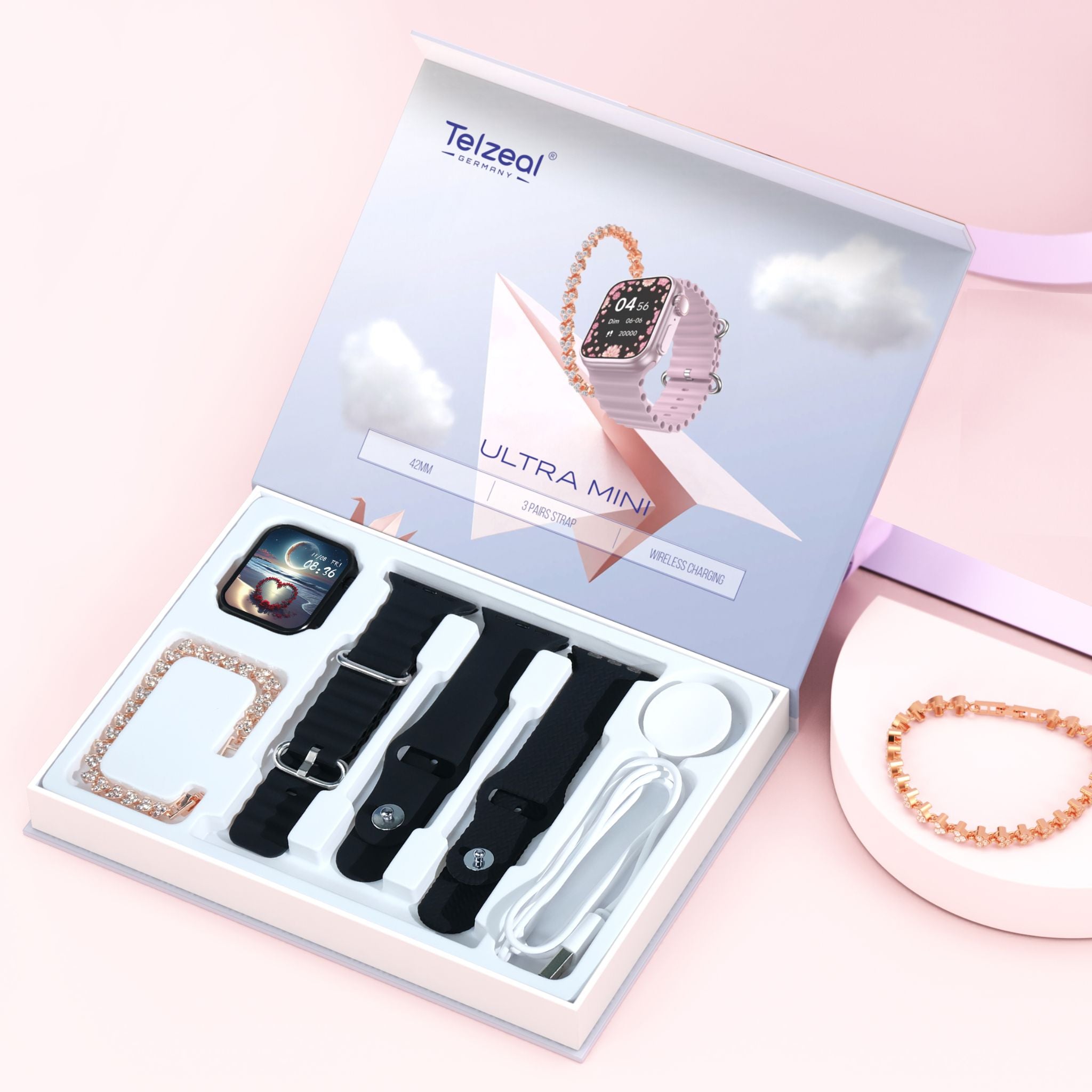 High End Ultra Mini 38MM Ladies Smart Watch, 3 Pairs of Stylish Straps, Wireless Charging, Android and iOS Compatibility, with , Free Gift Bracelet , Perfect Gift for Ladies