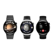 Three views of a black Haino Teko smartwatch displaying the time, a patterned watch face, and a message notification on the screen, accompanied by three different straps.