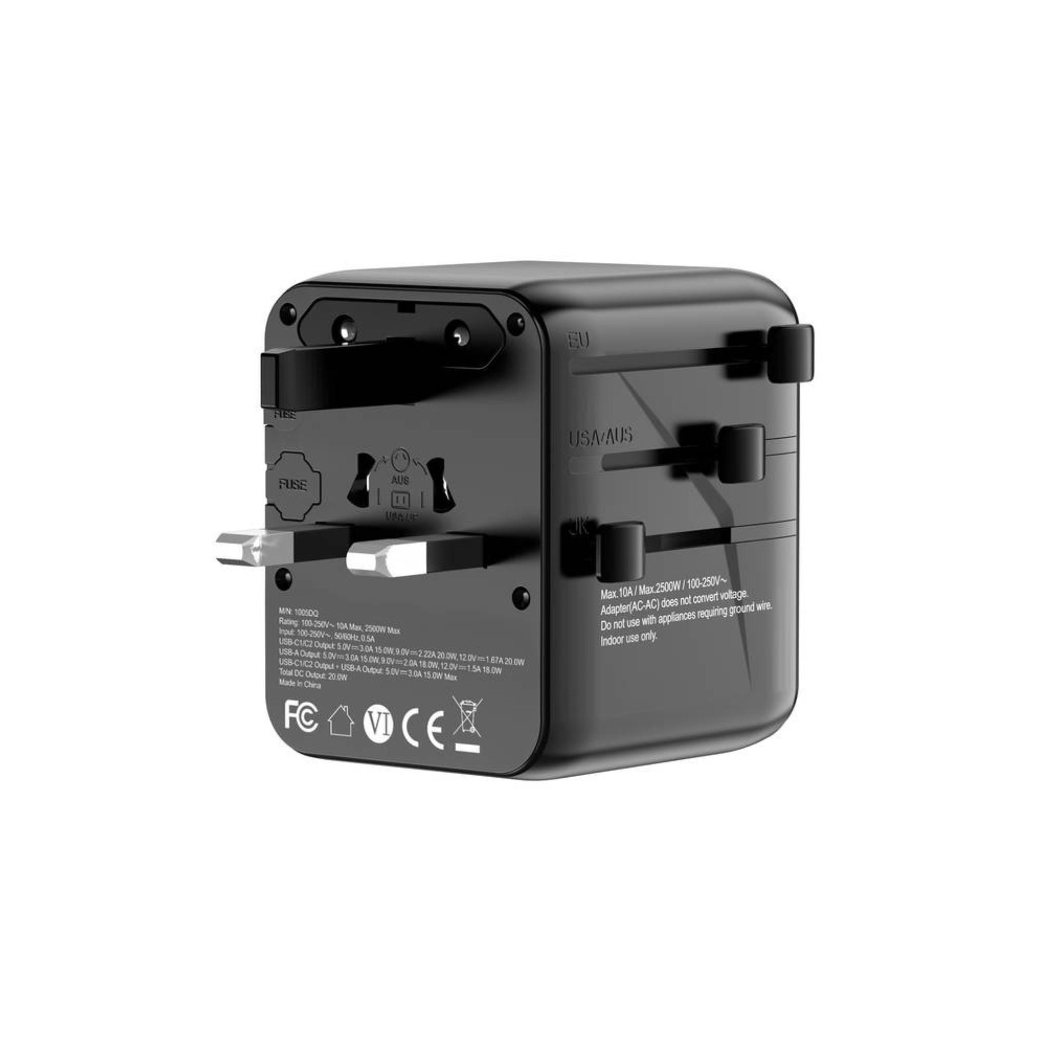 Porodo Universal Travel GaN Quick Charger, 2 USB-C & 1 USB-A Ports, UK/ EU/ US & AU Plug Supported, Universal Compatibility, Simultaneous Charging - Black