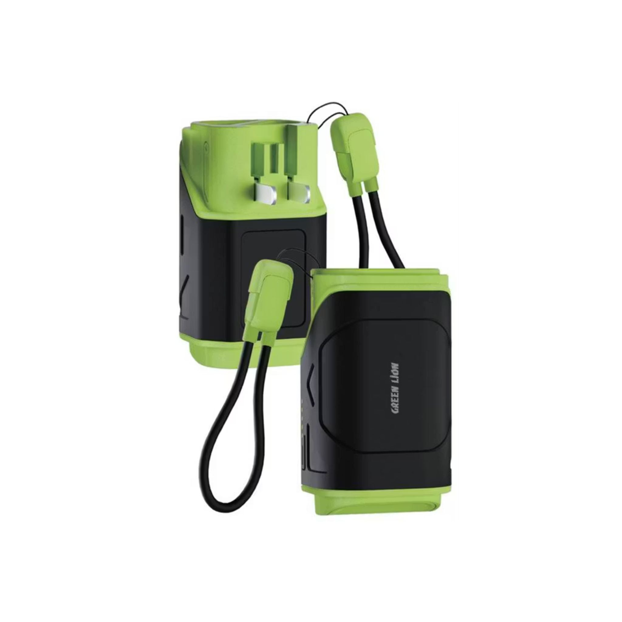 Green and black electronic device with a charging cable on a white background
