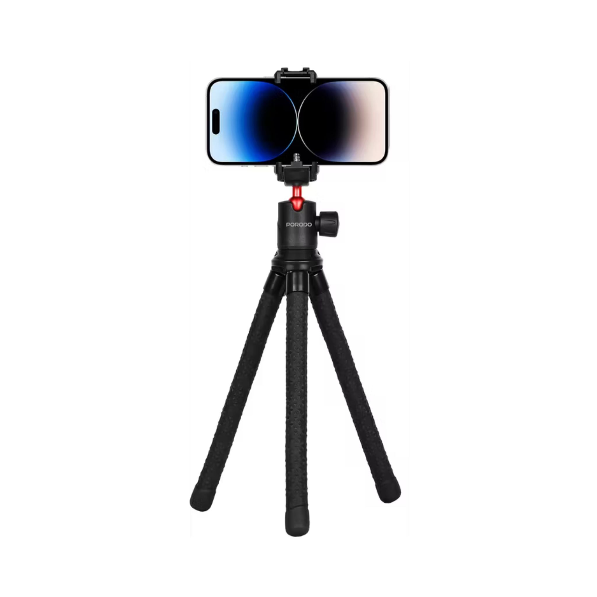 Phone holder with a black tripod on a white background