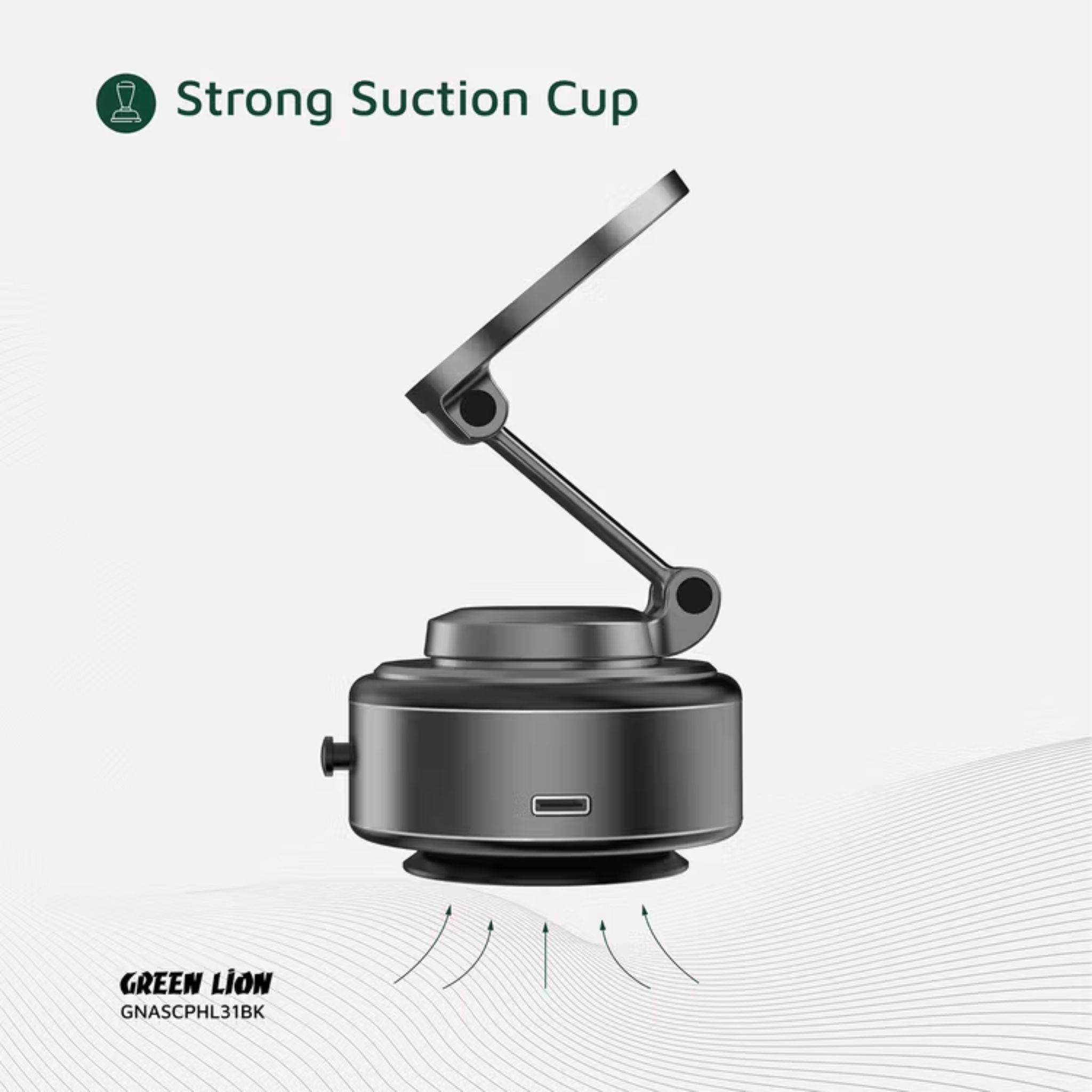 Green Lion GX-31 Auto Suction Phone Holder with 360° Rotation, Strong Suction Cup, 1.5kg Adsorption, One-Hand Operation, MagSafe Compatible, Type-C Charging, 14 Days Working Time - Matte Black