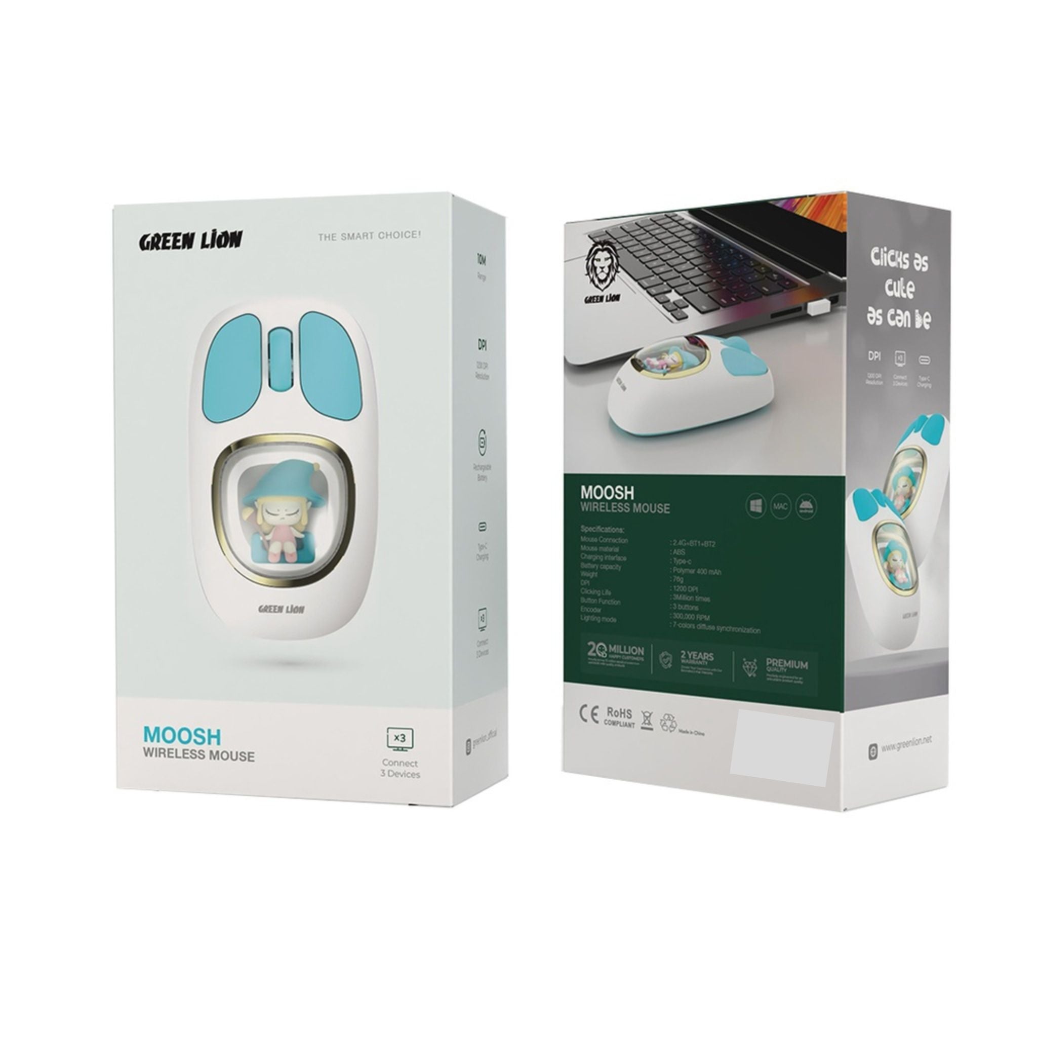 Green Lion Moosh Wireless Mouse with 7-Color Diffuse Lighting, Up to 3 Million Clicks, 3-Button Function, 400mAh Battery, 1200 DPI, Connects Up to 3 Devices, USB-C Charging Interface - White
