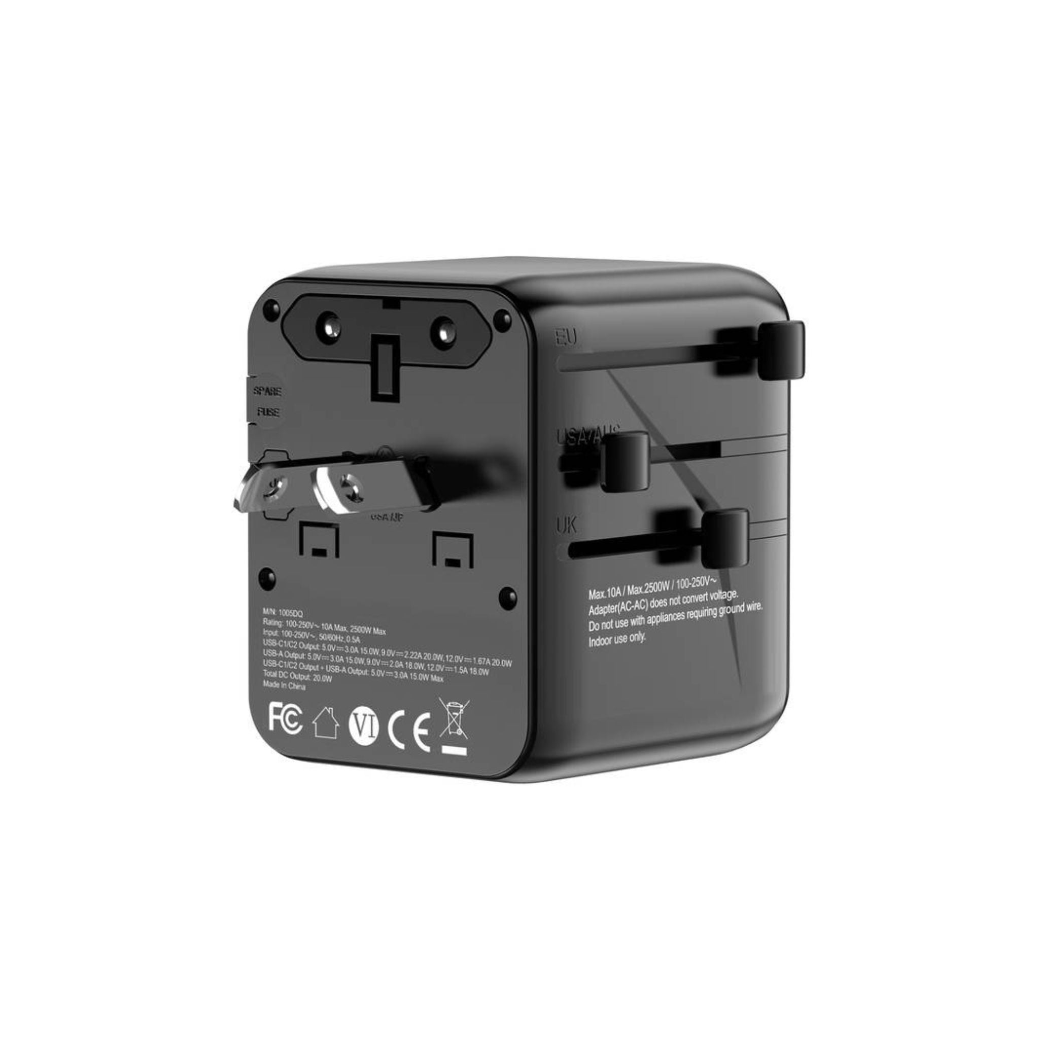 Porodo Universal Travel GaN Quick Charger, 2 USB-C & 1 USB-A Ports, UK/ EU/ US & AU Plug Supported, Universal Compatibility, Simultaneous Charging - Black