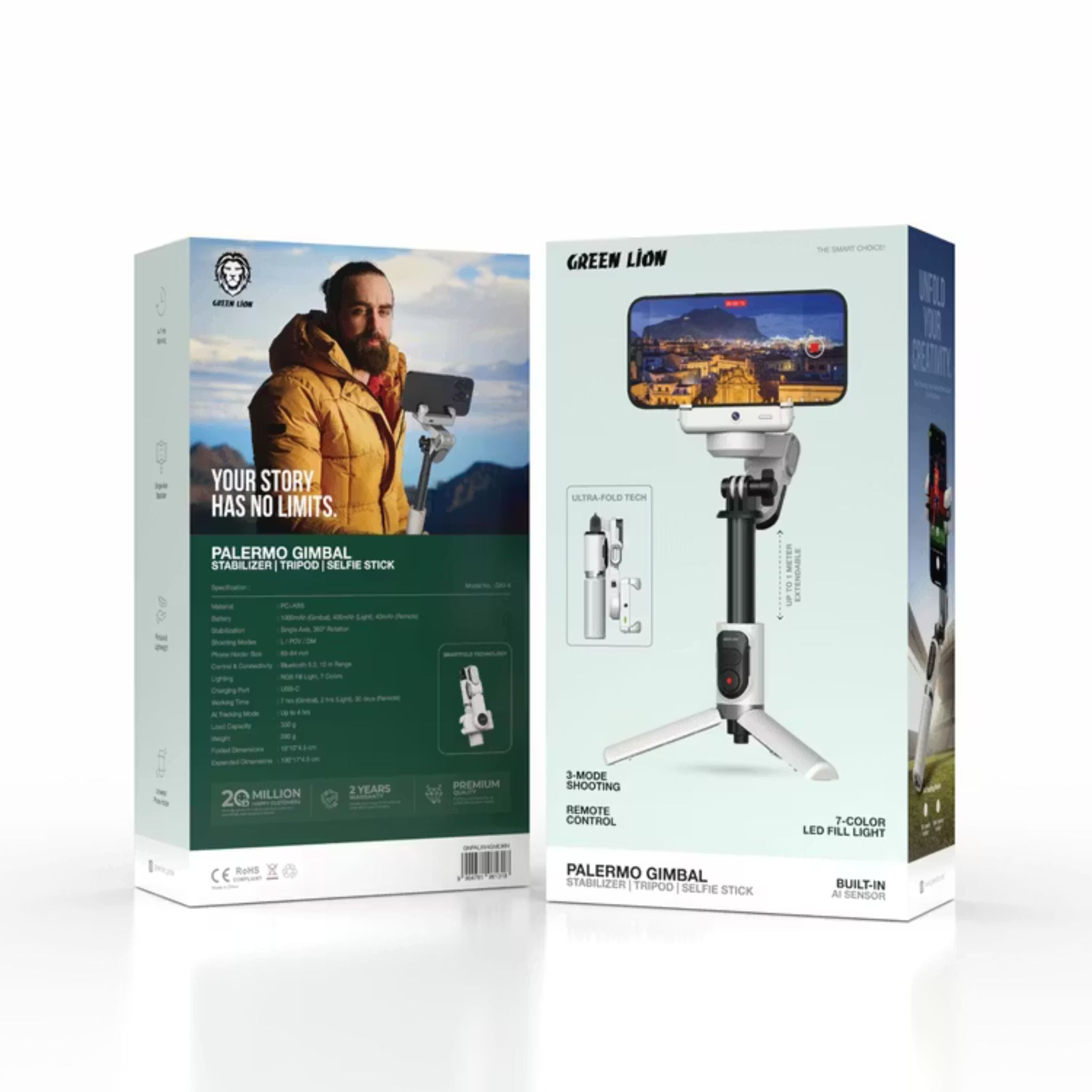 Green Lion Palermo Gimbal Tripod Stand with Remote Control, 3-Mode Shooting, Single Axis Stabilizer, Universal Phone Holder, 4-7 Hours Working Time, 60–84mm Phone Holder Size - White