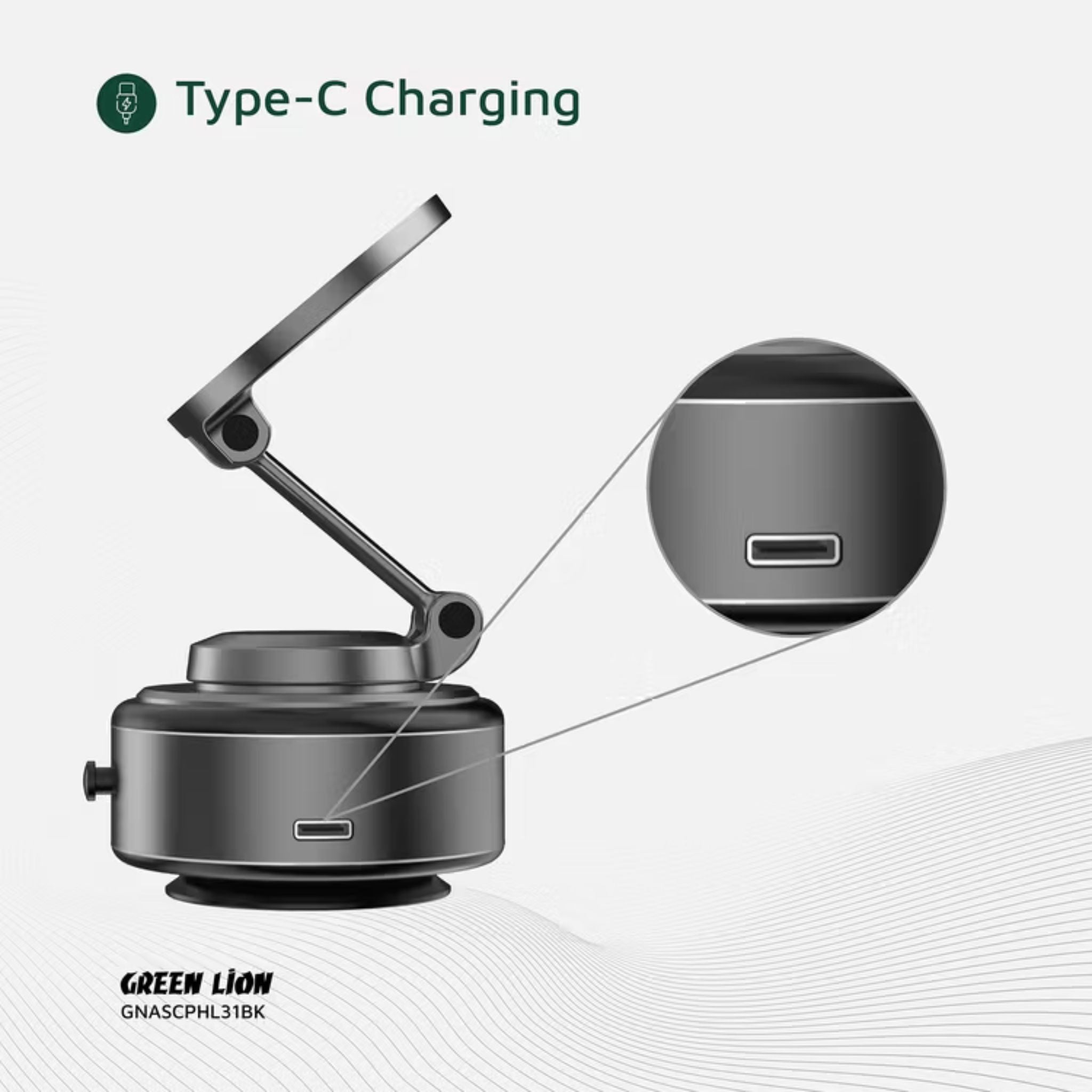 Green Lion GX-31 Auto Suction Phone Holder with 360° Rotation, Strong Suction Cup, 1.5kg Adsorption, One-Hand Operation, MagSafe Compatible, Type-C Charging, 14 Days Working Time - Matte Black