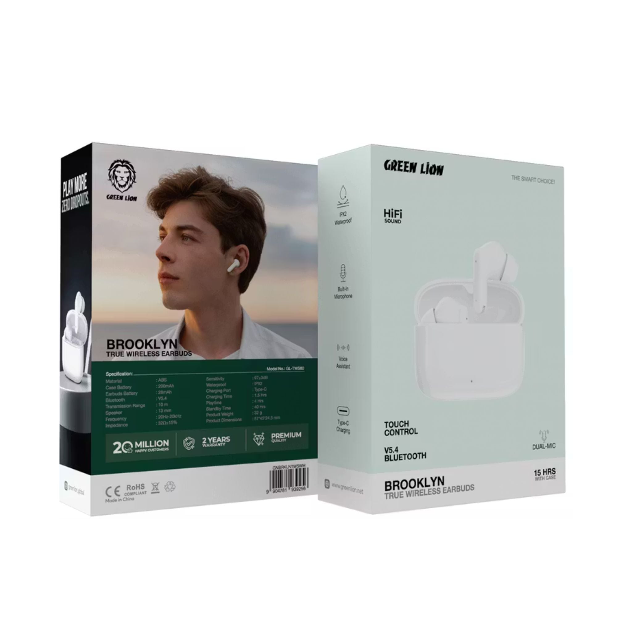 Green Lion Brooklyn True Wireless Earbuds with Voice Assistant, 4 Hours Playtime, Built-in Microphone, HiFi Sound, Touch Control, Dual-Mic - White