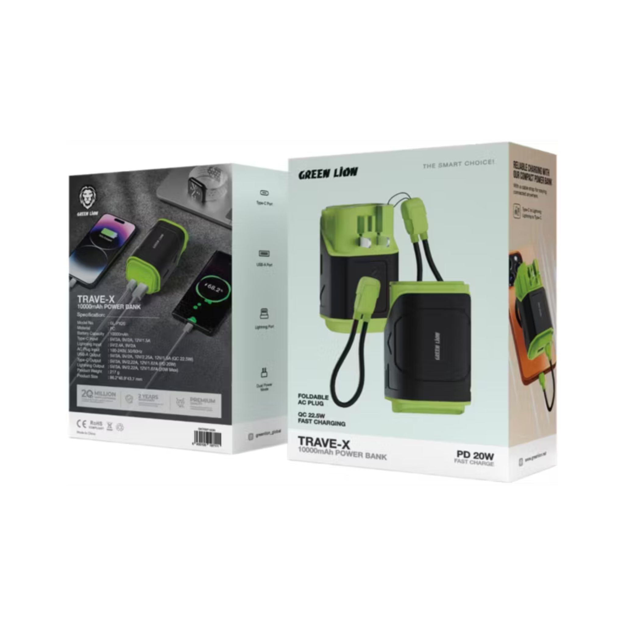 Green Lion Trave-X Power Bank, PC Material, 10000 mAh Battery Capacity, Foldable AC Plug, Fast Charging
