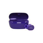 A pair of purple JBL Endurance Race 2 true wireless Bluetooth earbuds with an open charging case.