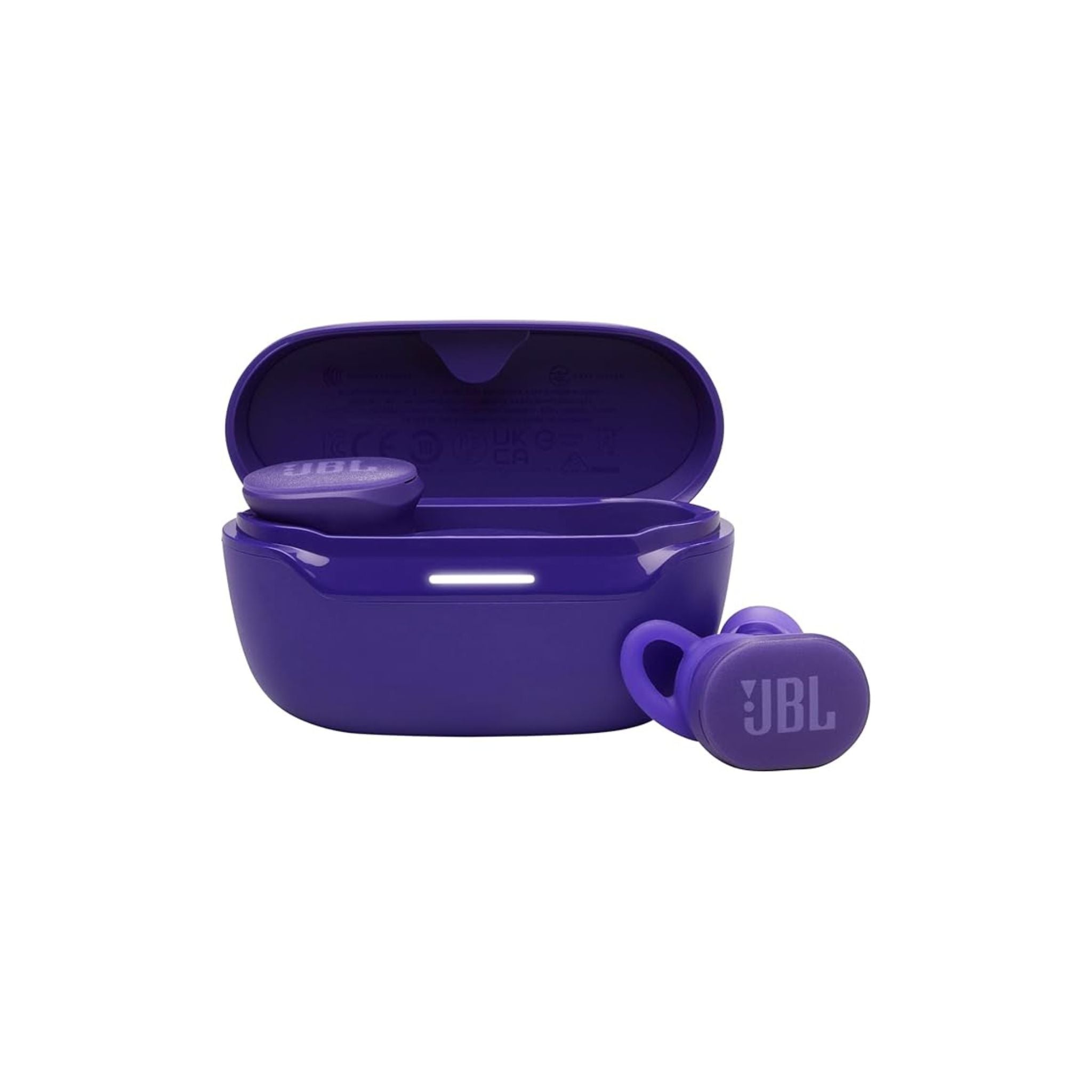 A pair of purple JBL Endurance Race 2 true wireless Bluetooth earbuds with an open charging case.