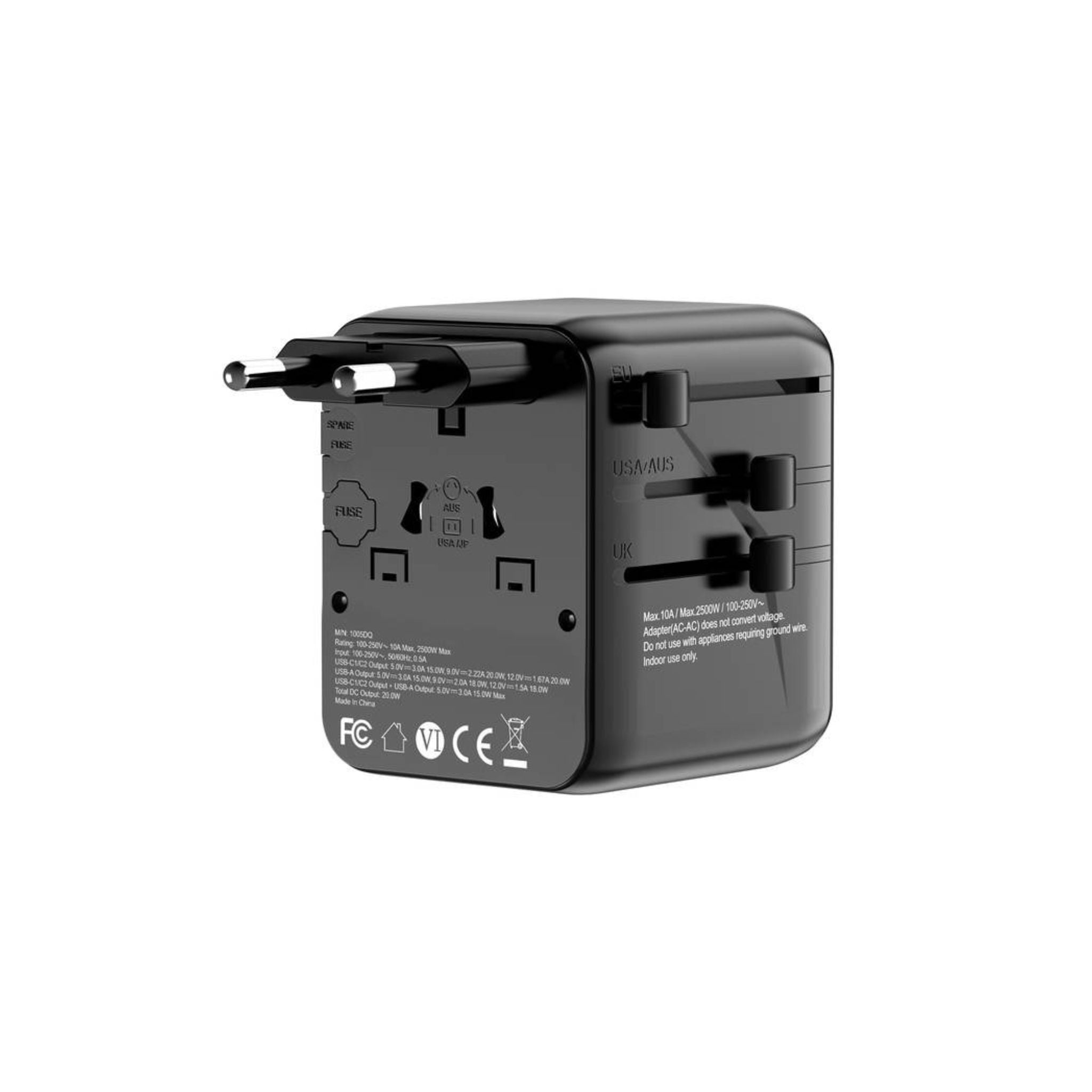 Porodo Universal Travel GaN Quick Charger, 2 USB-C & 1 USB-A Ports, UK/ EU/ US & AU Plug Supported, Universal Compatibility, Simultaneous Charging - Black