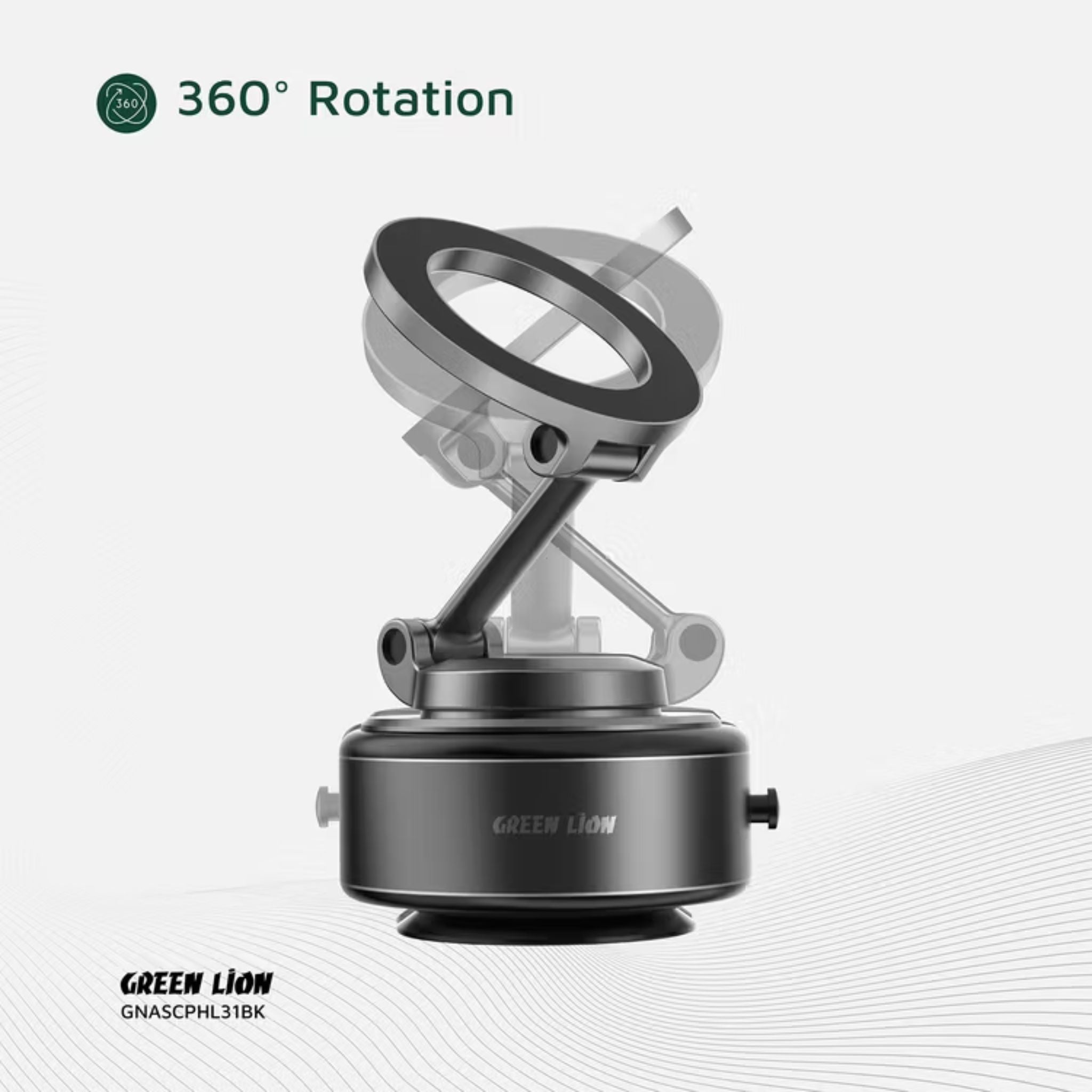 Green Lion GX-31 Auto Suction Phone Holder with 360° Rotation, Strong Suction Cup, 1.5kg Adsorption, One-Hand Operation, MagSafe Compatible, Type-C Charging, 14 Days Working Time - Matte Black