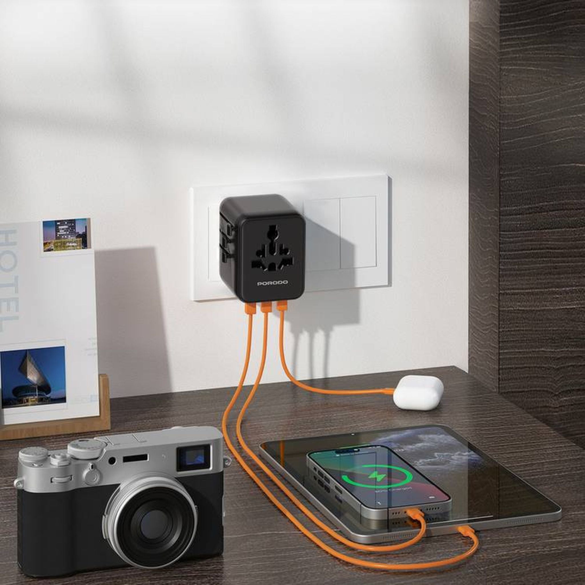 Porodo Universal Travel GaN Quick Charger, 2 USB-C & 1 USB-A Ports, UK/ EU/ US & AU Plug Supported, Universal Compatibility, Simultaneous Charging - Black