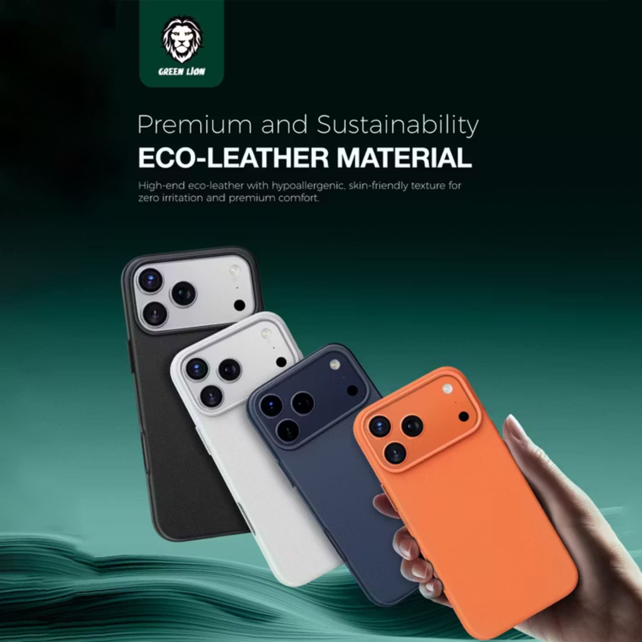 Green Lion Leather MagSafe Case for iPhone 17 Pro, Drop & Camera Protection, Anti-Scratch, Comfortable Grip - Black