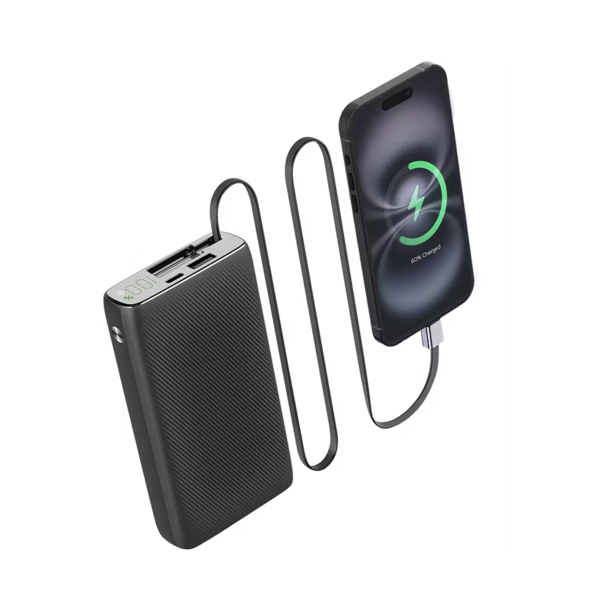 Powerology 20000mAh Retractable Cable Power Bank, 35W Max Power, 70cm Retractable Type-C Input/Output Cable, 3-Device Charging, USB-C Output & Input, 22.5W USB-A Output, 5V/3A Total 15W Two or More Outputs - Black