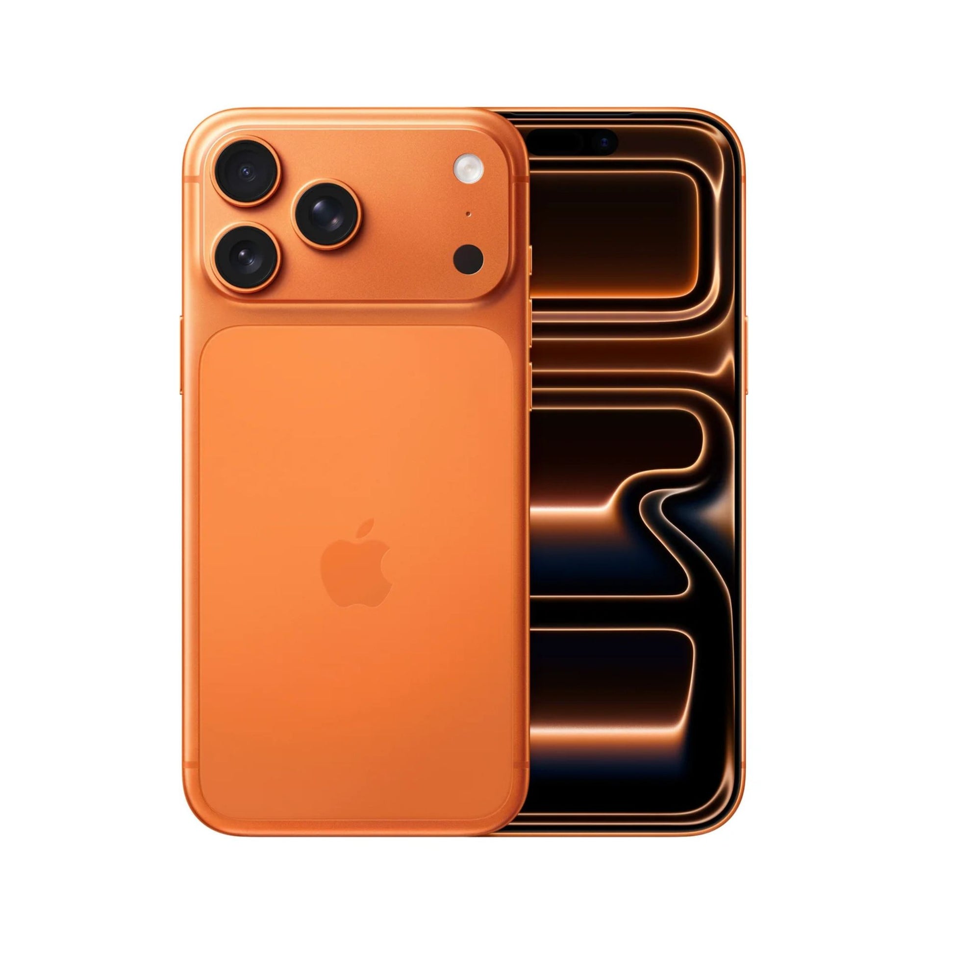 Orange smartphone with Apple logo on a white background
