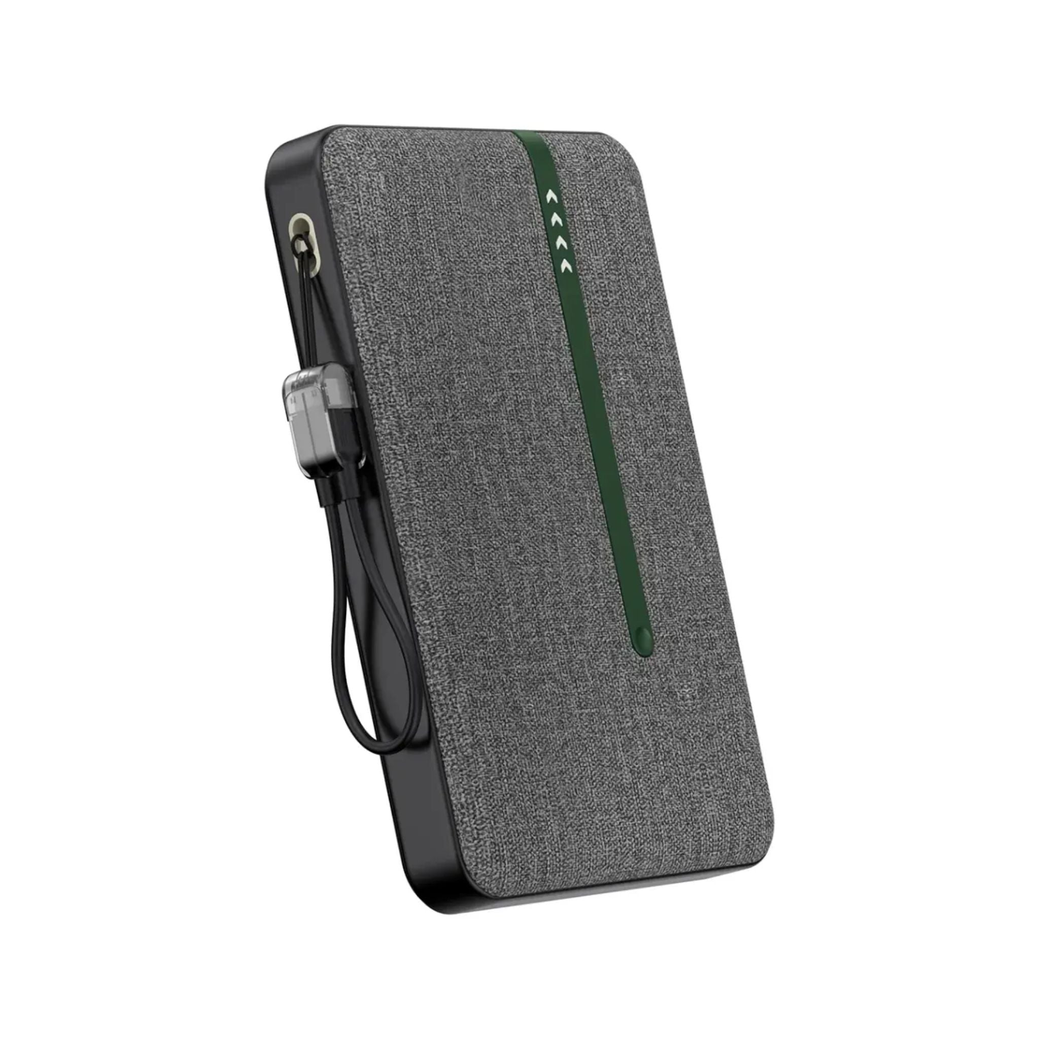 Gray power bank with green accent on a white background