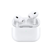 White wireless earbuds in a charging case on a white background