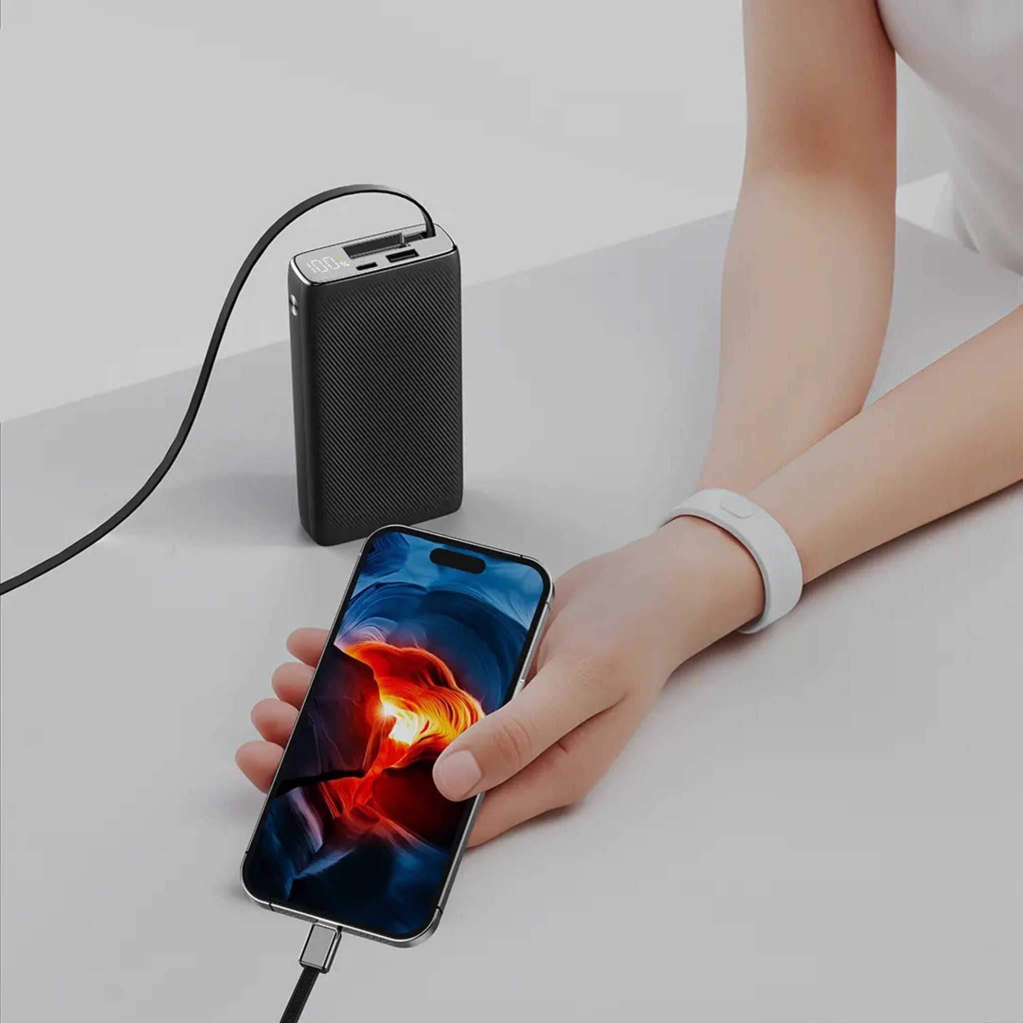Powerology 20000mAh Retractable Cable Power Bank, 35W Max Power, 70cm Retractable Type-C Input/Output Cable, 3-Device Charging, USB-C Output & Input, 22.5W USB-A Output, 5V/3A Total 15W Two or More Outputs - Black