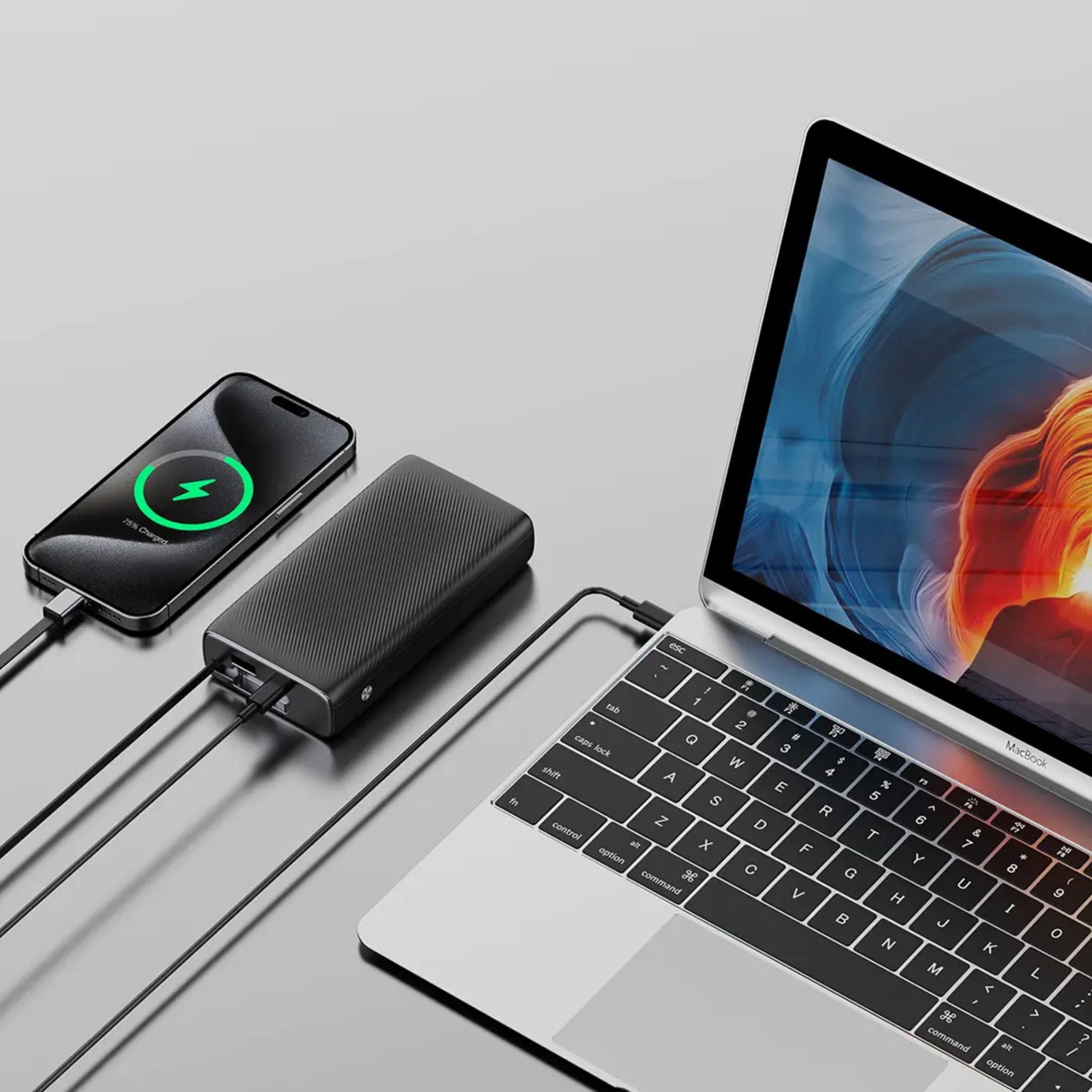 Powerology 20000mAh Retractable Cable Power Bank, 35W Max Power, 70cm Retractable Type-C Input/Output Cable, 3-Device Charging, USB-C Output & Input, 22.5W USB-A Output, 5V/3A Total 15W Two or More Outputs - Black