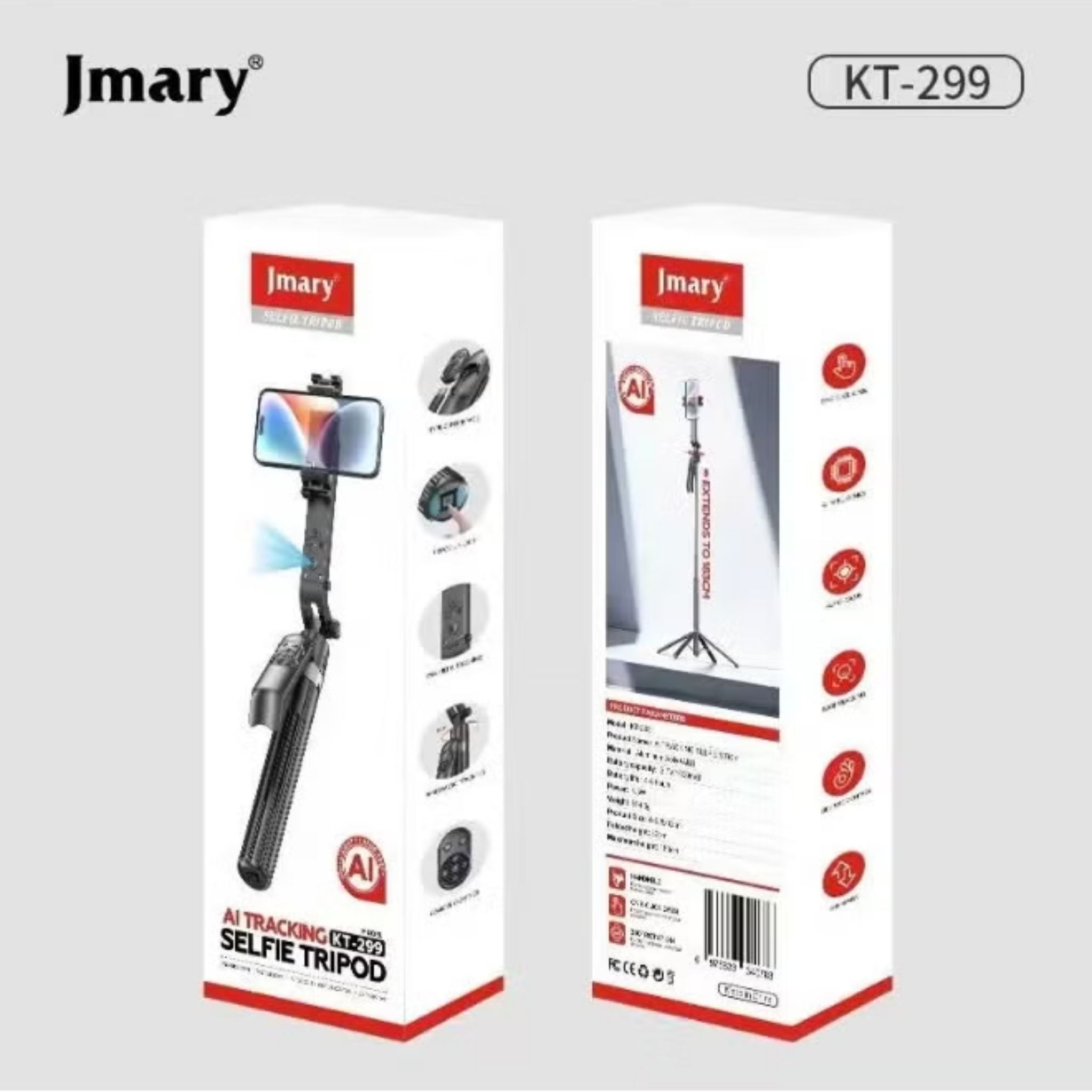 Jmary KT-299 Smart Rotating Tripod with AI Face Sensor, Selfie Stick, Up to 1.8m Length, 360° Horizontal Rotation