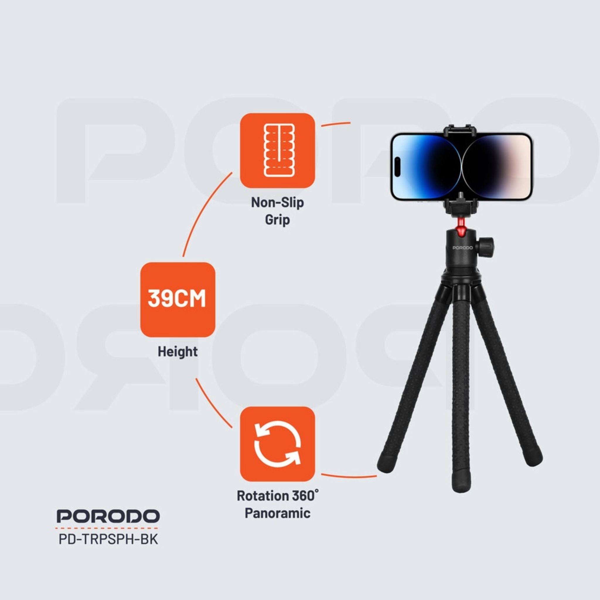 Porodo Flexible Foldable & Extendable Tripod with Phone Holder, ABS + Rubber Material, Non-Slip Grip, 330mm Folded Length, Lightweight & Portable, 39cm Extended Height - Black