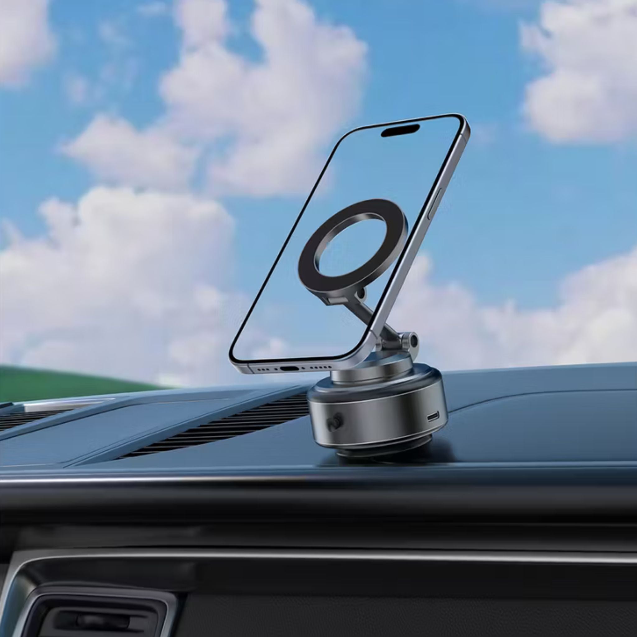 Green Lion GX-31 Auto Suction Phone Holder with 360° Rotation, Strong Suction Cup, 1.5kg Adsorption, One-Hand Operation, MagSafe Compatible, Type-C Charging, 14 Days Working Time - Matte Black