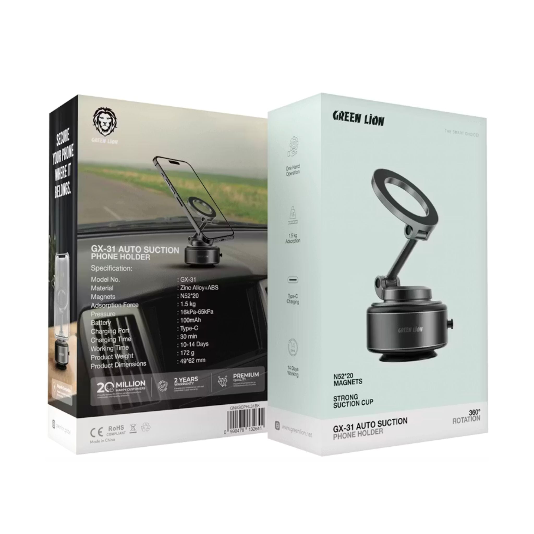 Green Lion GX-31 Auto Suction Phone Holder with 360° Rotation, Strong Suction Cup, 1.5kg Adsorption, One-Hand Operation, MagSafe Compatible, Type-C Charging, 14 Days Working Time - Matte Black