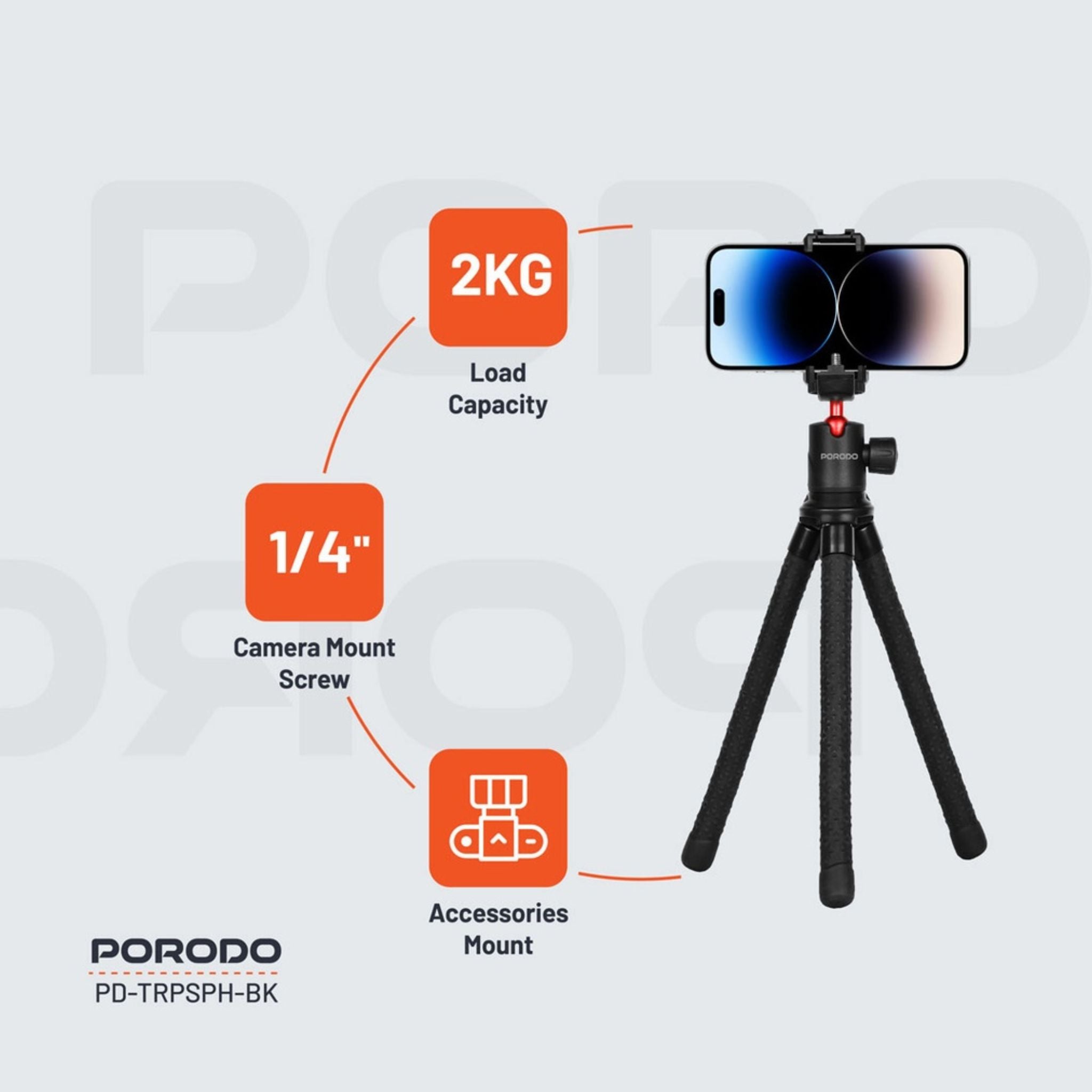 Porodo Flexible Foldable & Extendable Tripod with Phone Holder, ABS + Rubber Material, Non-Slip Grip, 330mm Folded Length, Lightweight & Portable, 39cm Extended Height - Black