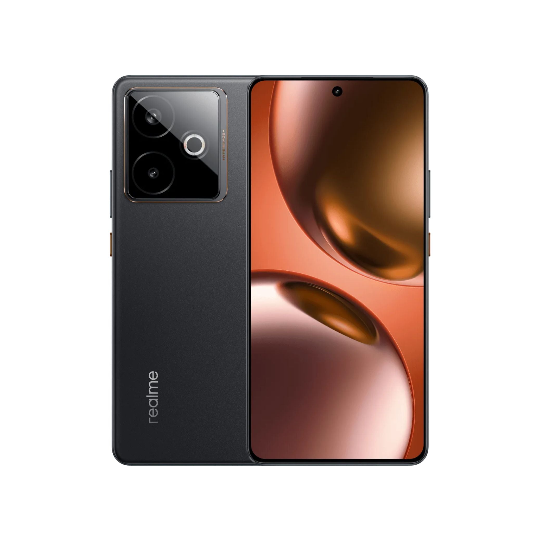 Realme smartphone showing front and back on a white background