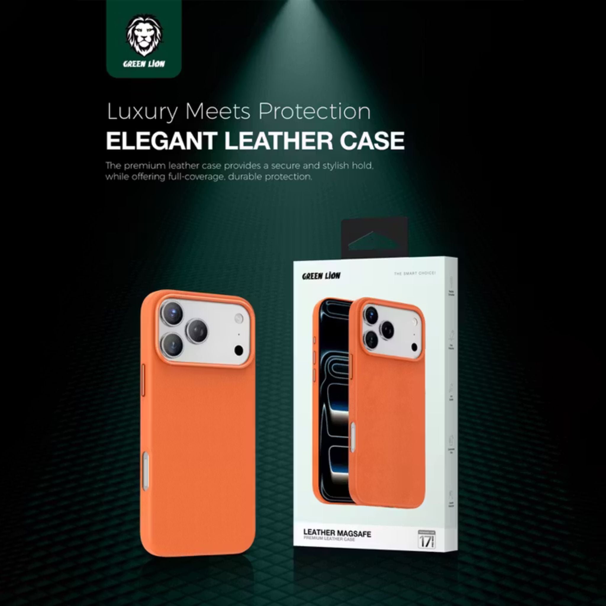 Green Lion Leather MagSafe Case for iPhone 17 Pro Max, Drop & Camera Protection, Anti-Scratch, Comfortable Grip - Orange