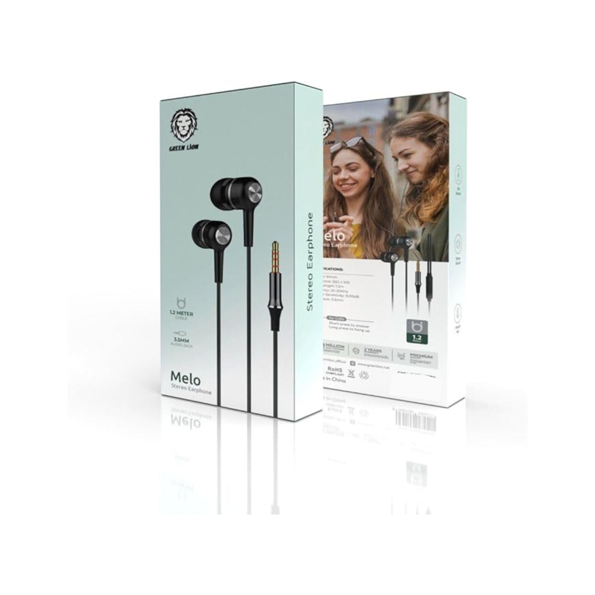 Green Lion Melo Stereo Earphone with Inbuilt Microphone, 3.5mm Audio Jack, 1.2m Cable Length, 10mm Speaker, 20-20KHz Frequency, 3+93dB Speaker Sensitivity, Call Button - Black