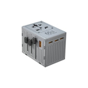A gray Porodo travel universal charger with multiple ports and international plug adaptors.