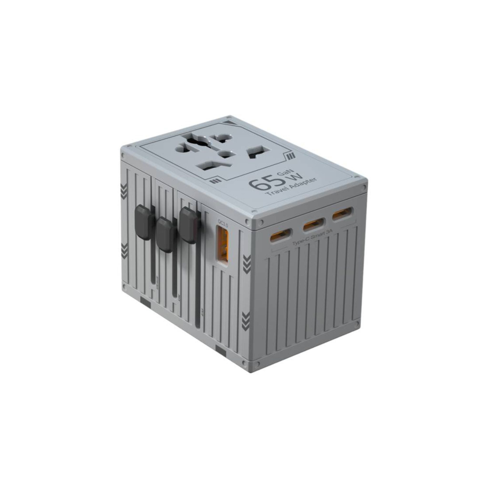 A gray Porodo travel universal charger with multiple ports and international plug adaptors.