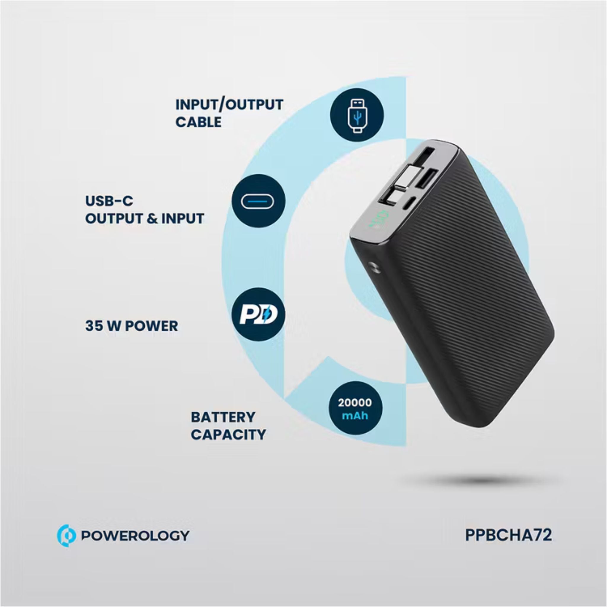 Powerology 20000mAh Retractable Cable Power Bank, 35W Max Power, 70cm Retractable Type-C Input/Output Cable, 3-Device Charging, USB-C Output & Input, 22.5W USB-A Output, 5V/3A Total 15W Two or More Outputs - Black