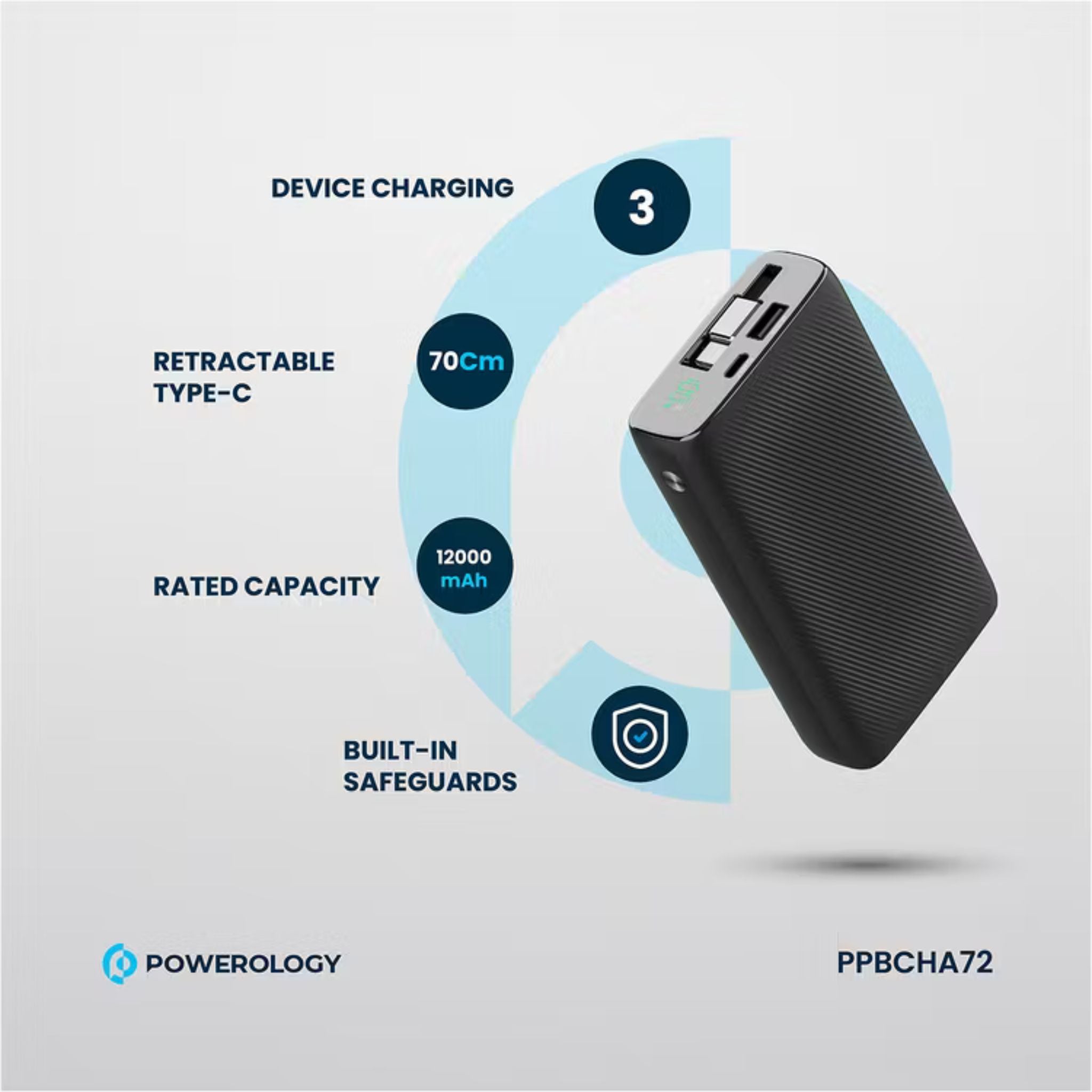 Powerology 20000mAh Retractable Cable Power Bank, 35W Max Power, 70cm Retractable Type-C Input/Output Cable, 3-Device Charging, USB-C Output & Input, 22.5W USB-A Output, 5V/3A Total 15W Two or More Outputs - Black